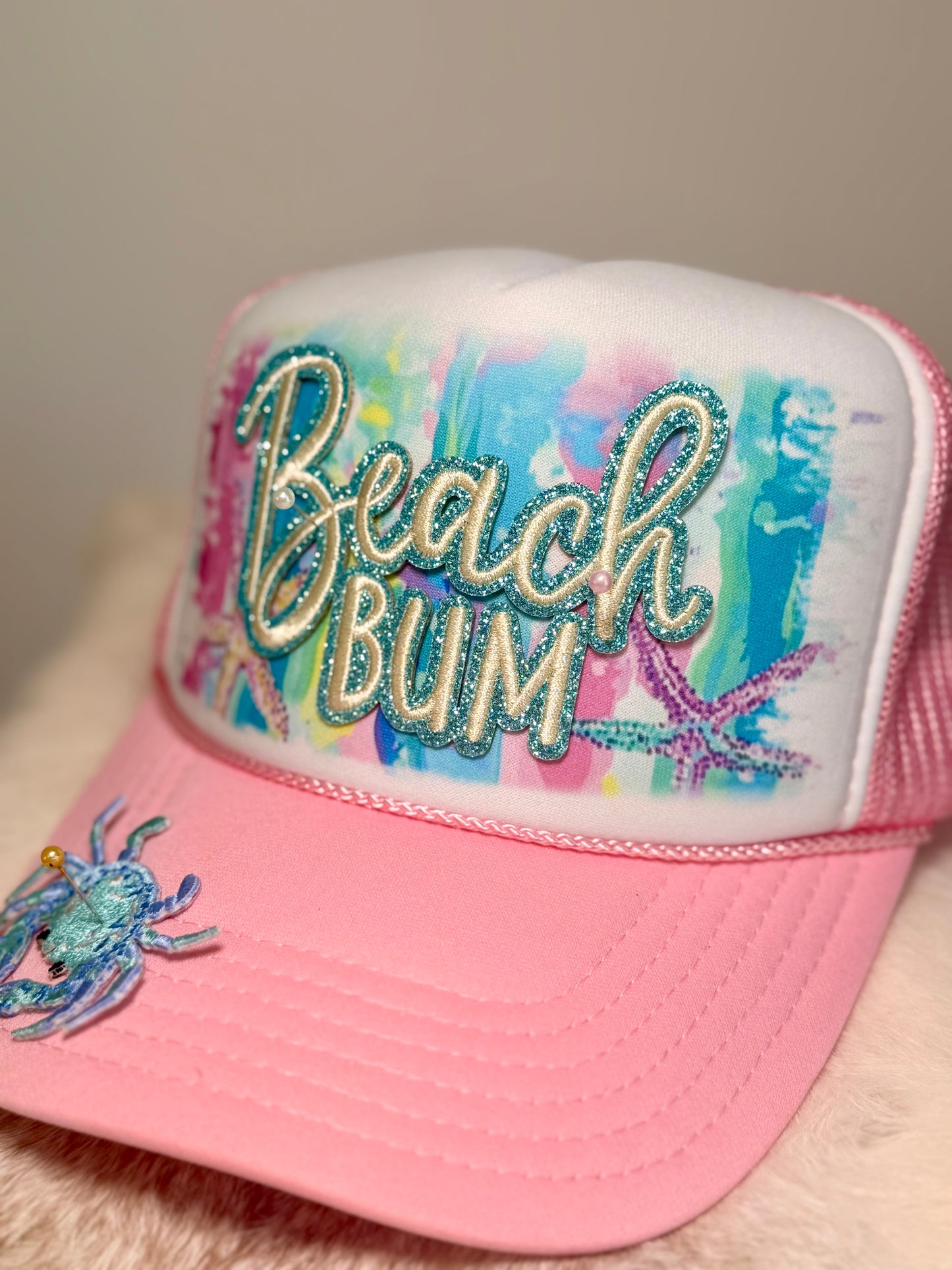 Beach Bum Trucker Hat | Coastal Beach Hat | Pink Summer Boutique Hat with Crab Accent