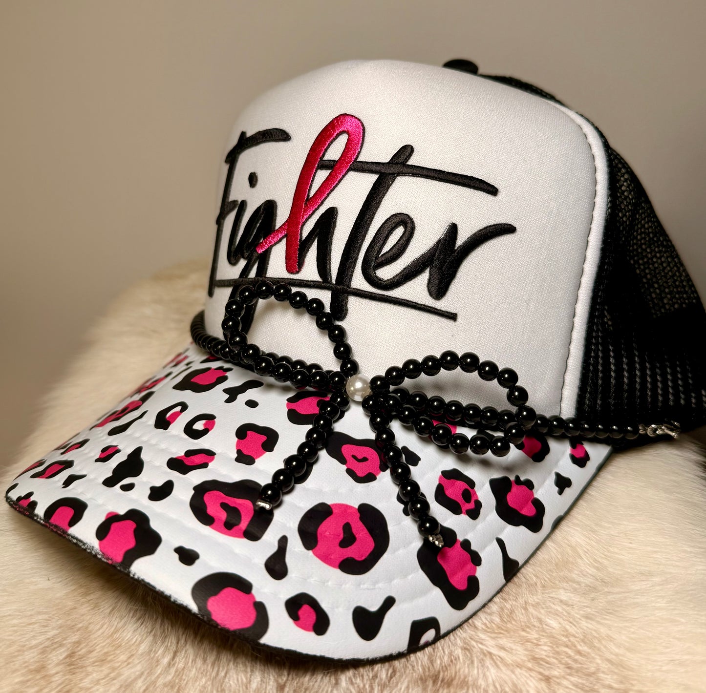 Breast Cancer Awareness Fighter Trucker Hat | Pink Ribbon Leopard Hat | Black & Pink Trucker Hat