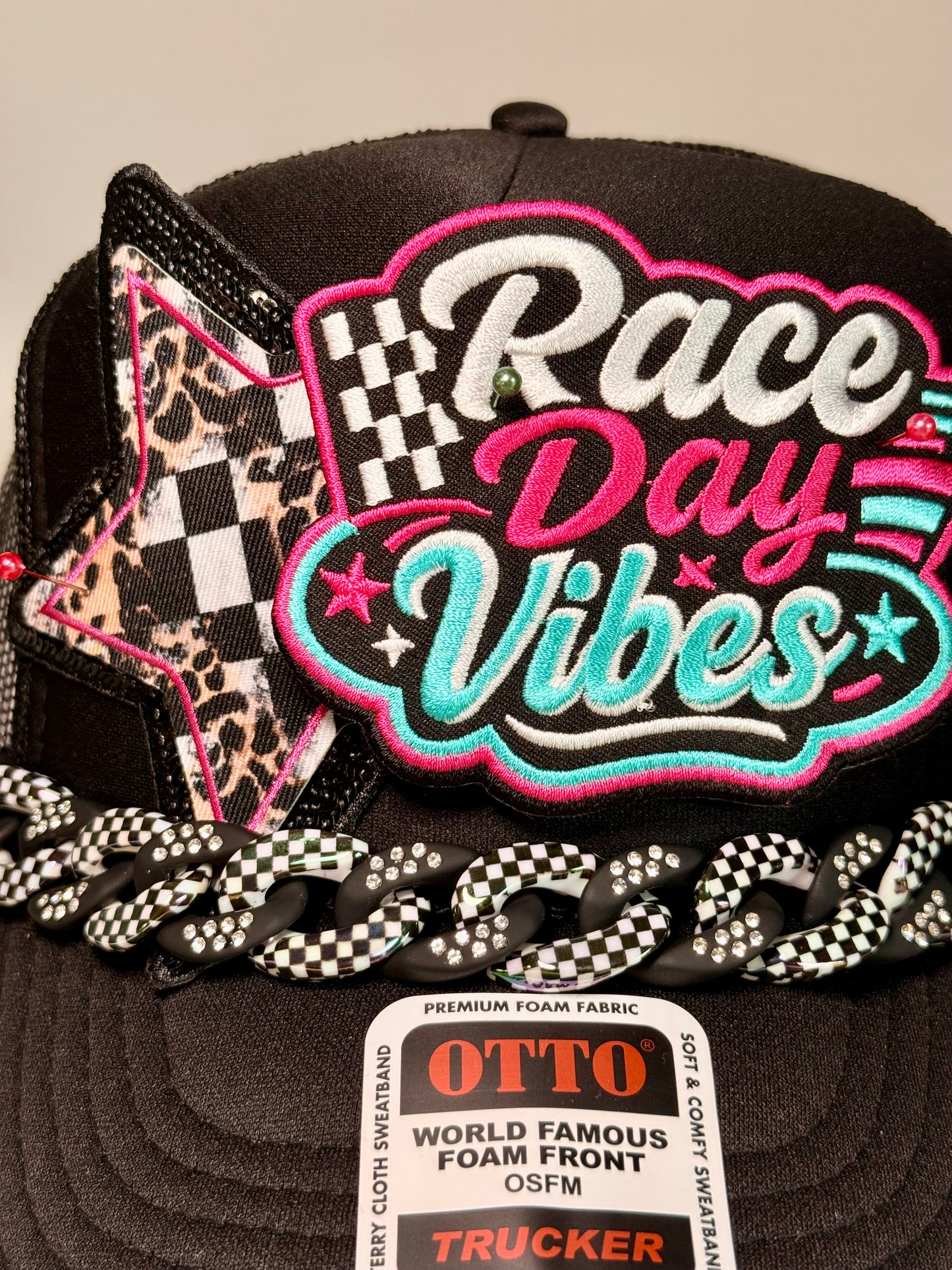 Race Day Vibes Trucker Hat | Checkered Flag Racing Hat | Glam Foam Race Day Cap