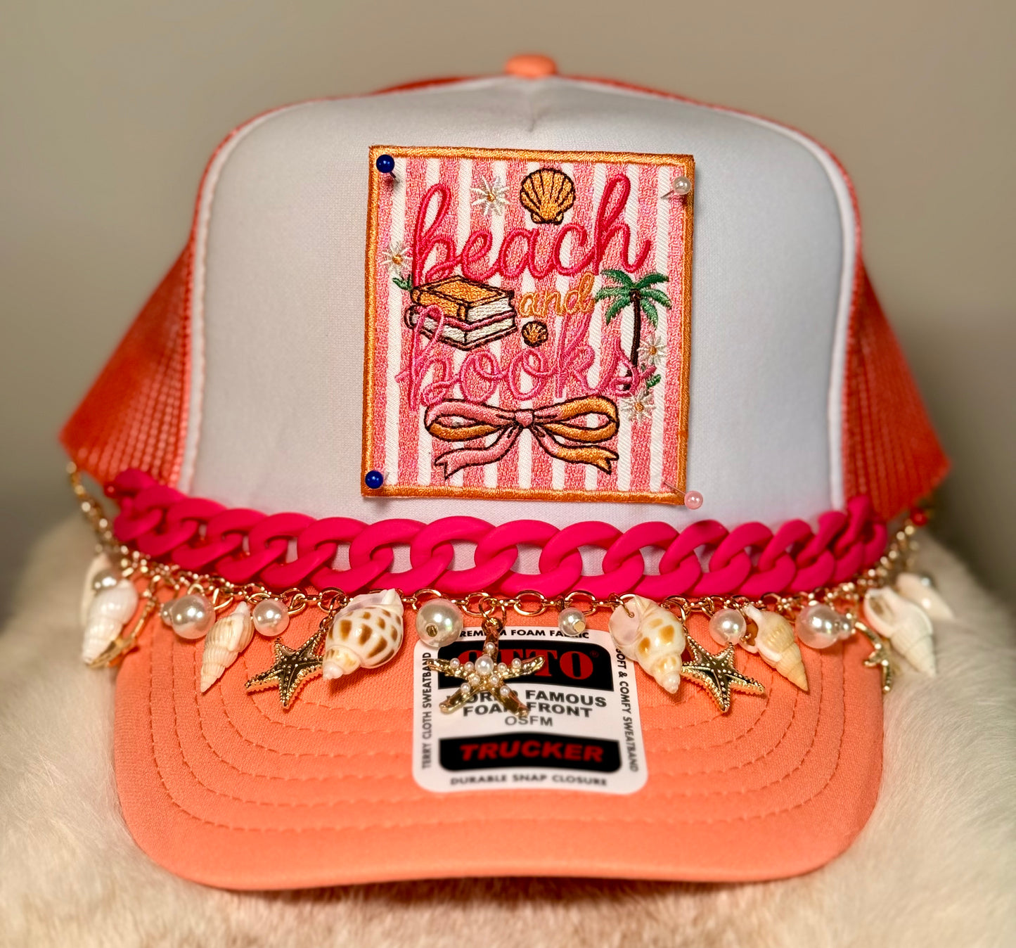 Beach and Books Trucker Hat | Coastal Reader Beach Hat | Pink & Coral Summer Foam Trucker Cap