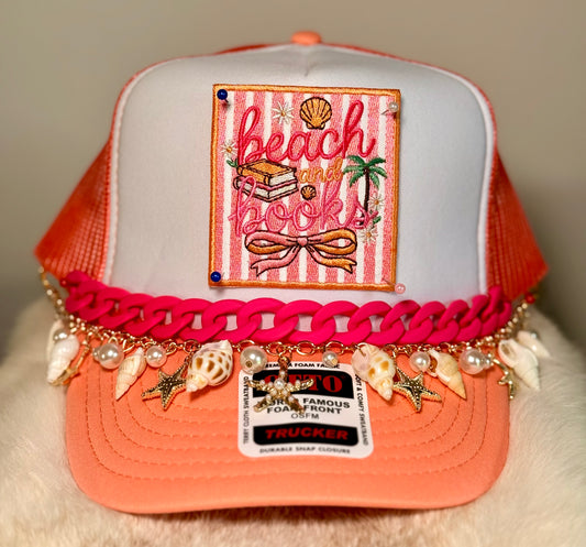 Beach and Books Trucker Hat | Coastal Reader Beach Hat | Pink & Coral Summer Foam Trucker Cap
