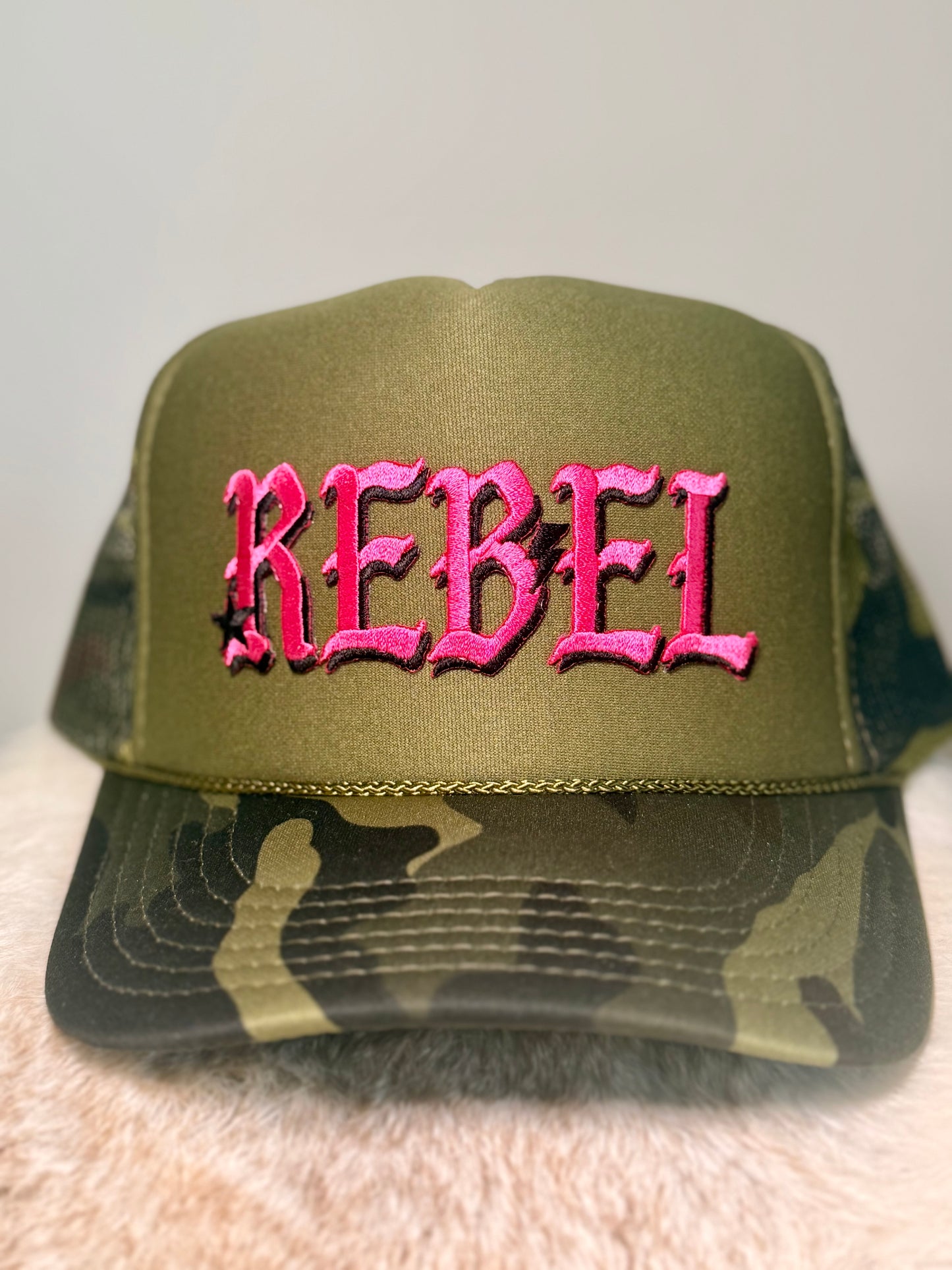 Rebel Camo Trucker Hat | Pink Embroidered Rebel Hat | Trendy Western Boutique Snapback