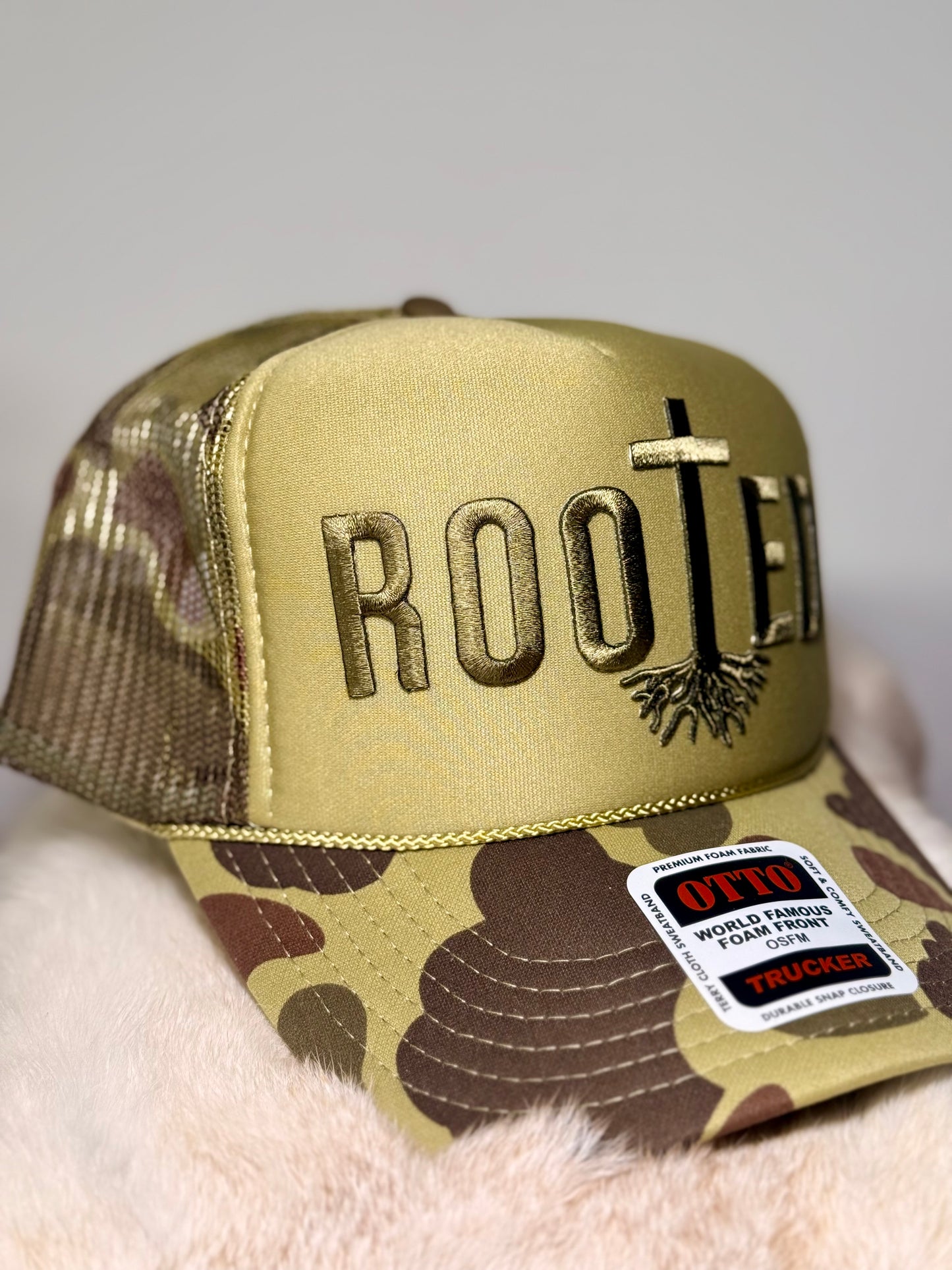Rooted Trucker Hat – Faith Based Hat, Christian Hat, Camo Brim Hat, Religious Trucker Hat