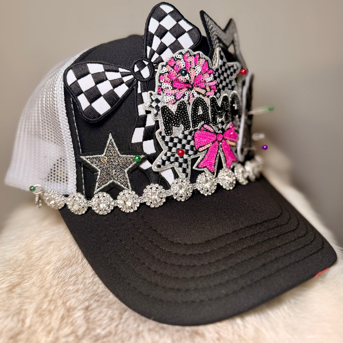 Mama Cheer Trucker Hat | Cheer Mom Game Day Hat | Black & Pink Sequin Cheer Hat | Competition Cheer Gift