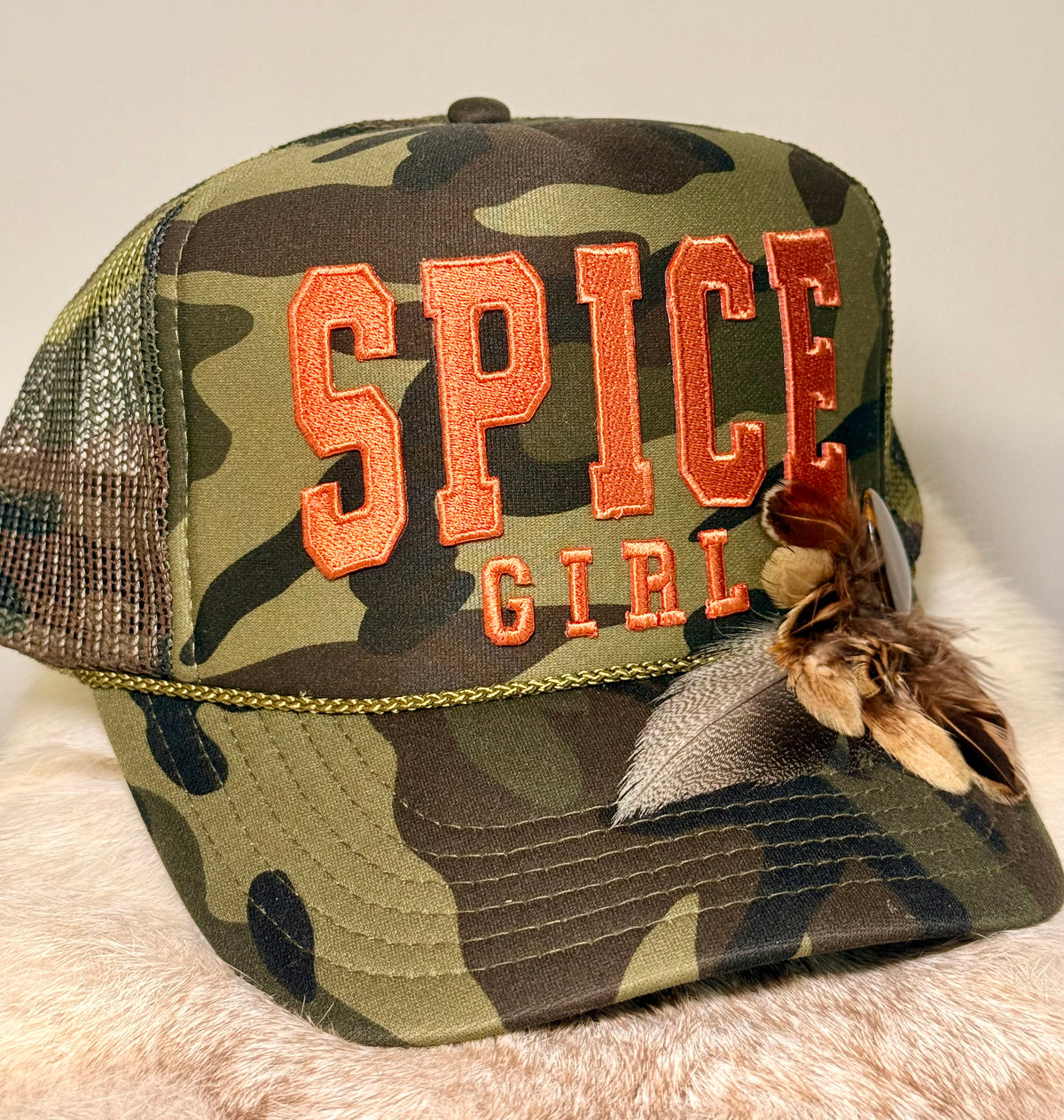 Spice Girl Fall Trucker Hat | Camo Feather Hat with Guitar Pick | Autumn Country Trucker Hat | Western Fall Hat