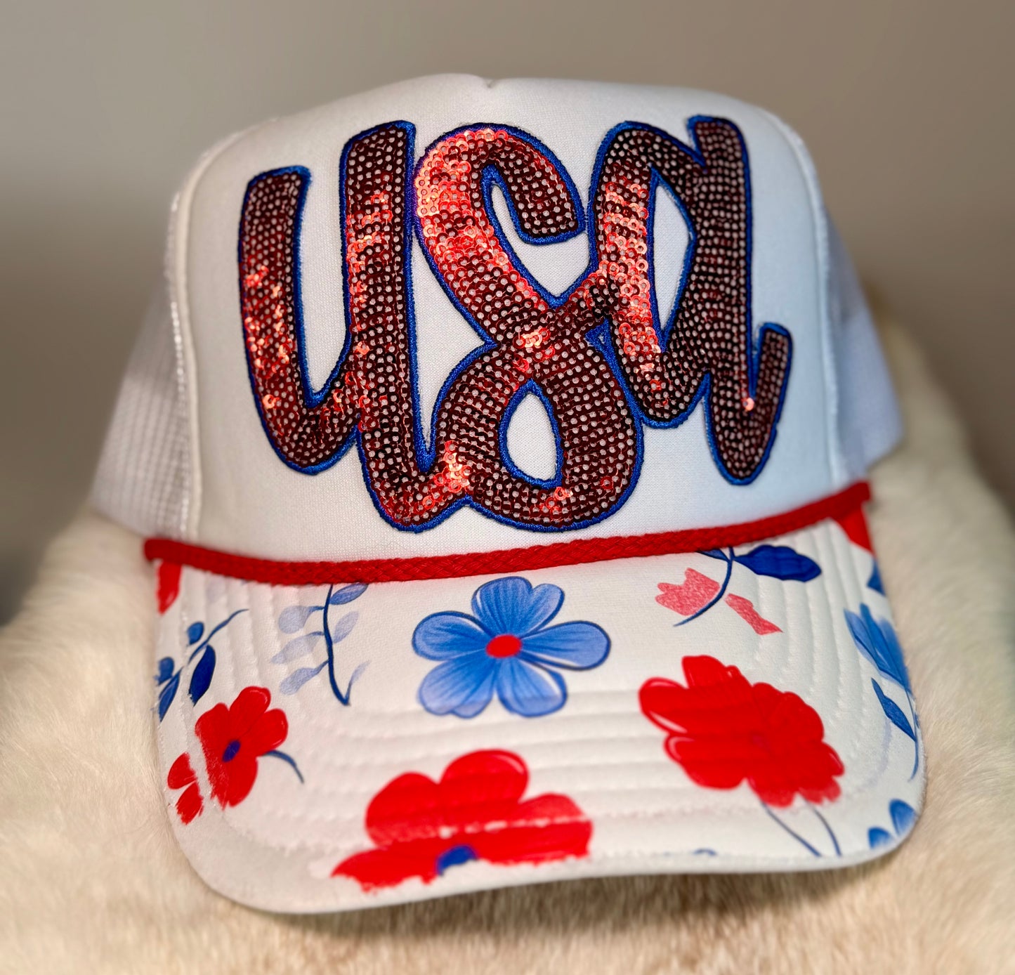 USA Rhinestone Trucker Hat | Patriotic Floral Brim Hat | Red White Blue Boutique Snapback | Fourth of July Glam Hat