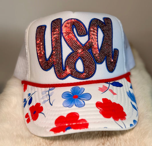USA Rhinestone Trucker Hat | Patriotic Floral Brim Hat | Red White Blue Boutique Snapback | Fourth of July Glam Hat
