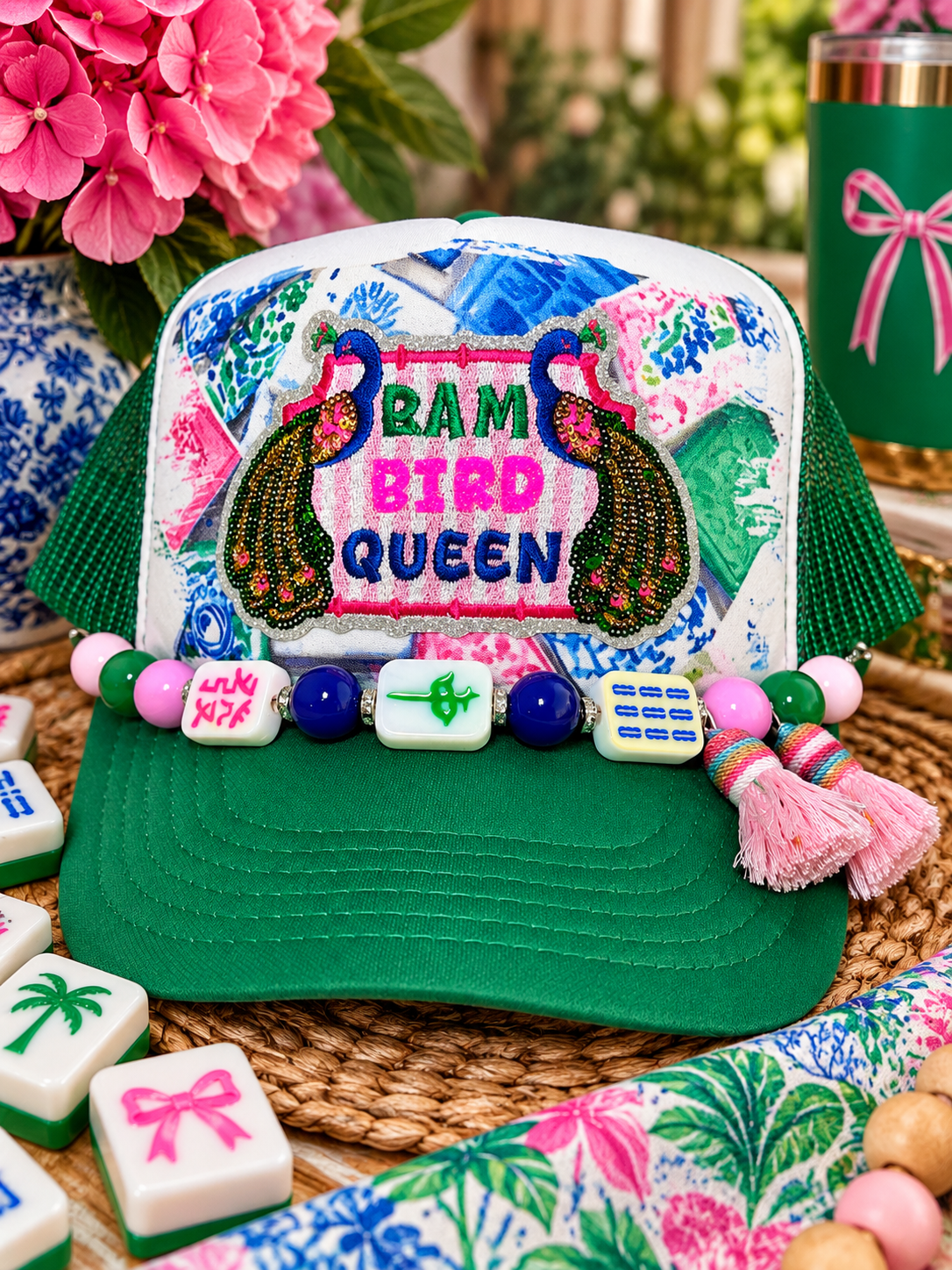 Bam Bird Queen Mahjong Trucker Hat | Preppy Peacock Hat