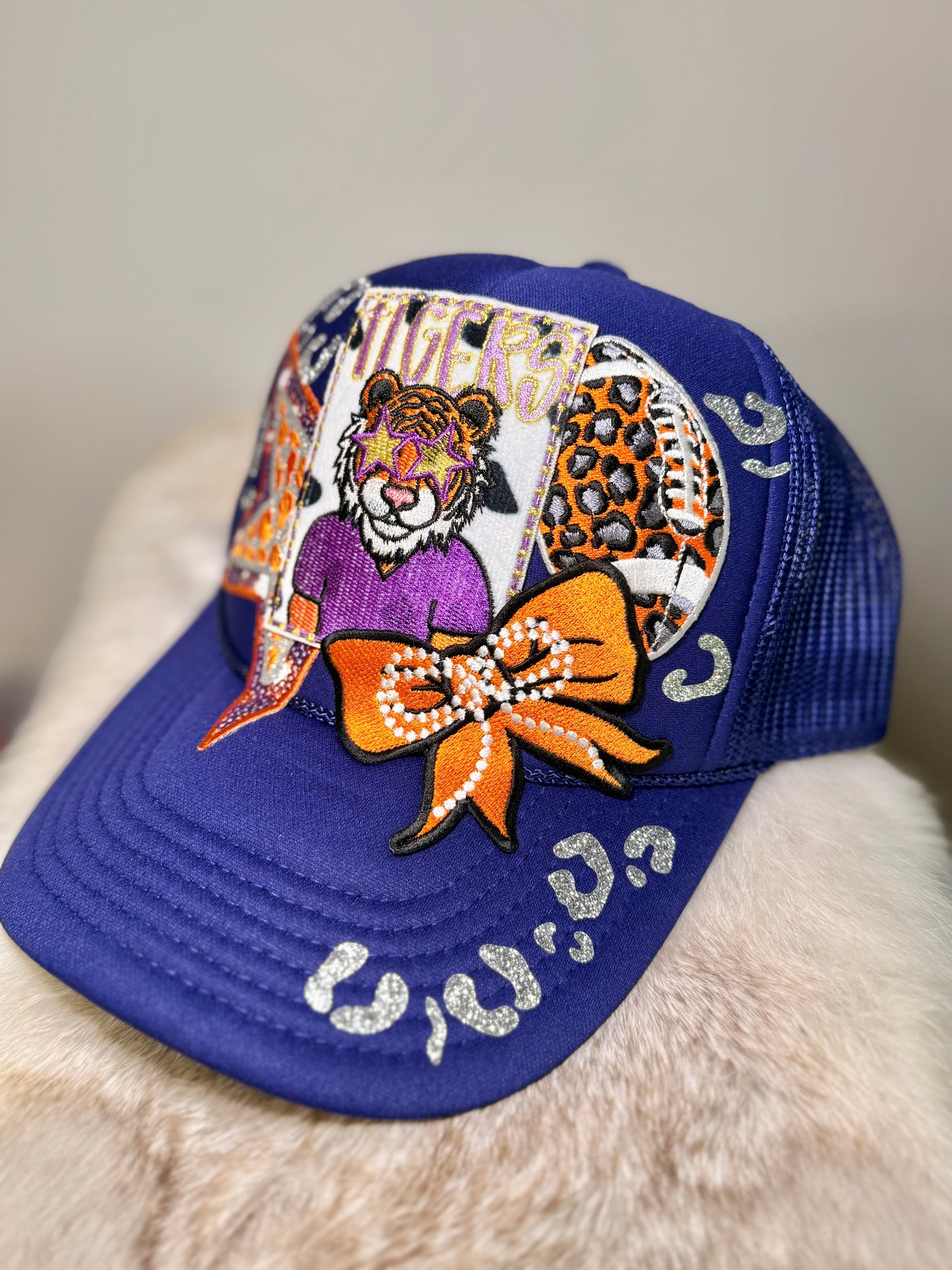 Tiger Game Day Trucker Hat | Purple & Orange Football Hat | Bling Tiger Fan Hat | Handmade Game Day Cap