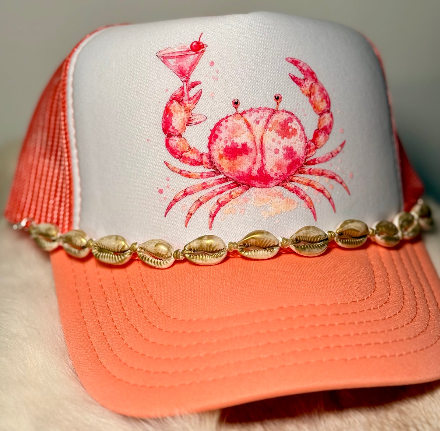 Pink Coastal Crab Trucker Hat | Beach Cocktail Hat with Gold Shell Detail | Boutique Summer Snapback