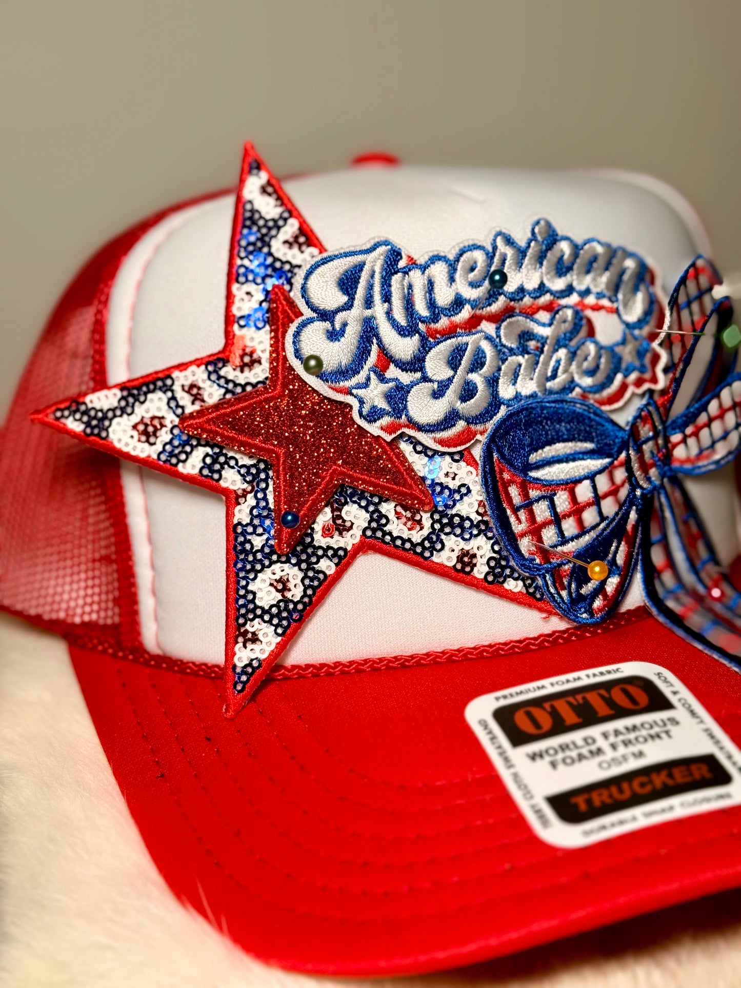 American Babe Trucker Hat | Patriotic Bow Hat | Red White Blue Sparkle Snapback
