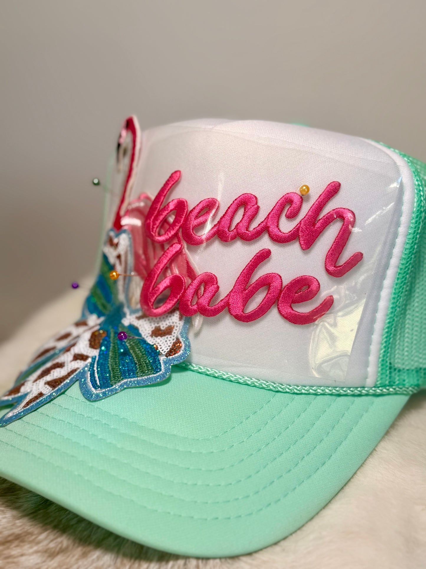 Beach Babe Trucker Hat | Tropical Flamingo Beach Hat | Mint Coastal Boutique Hat