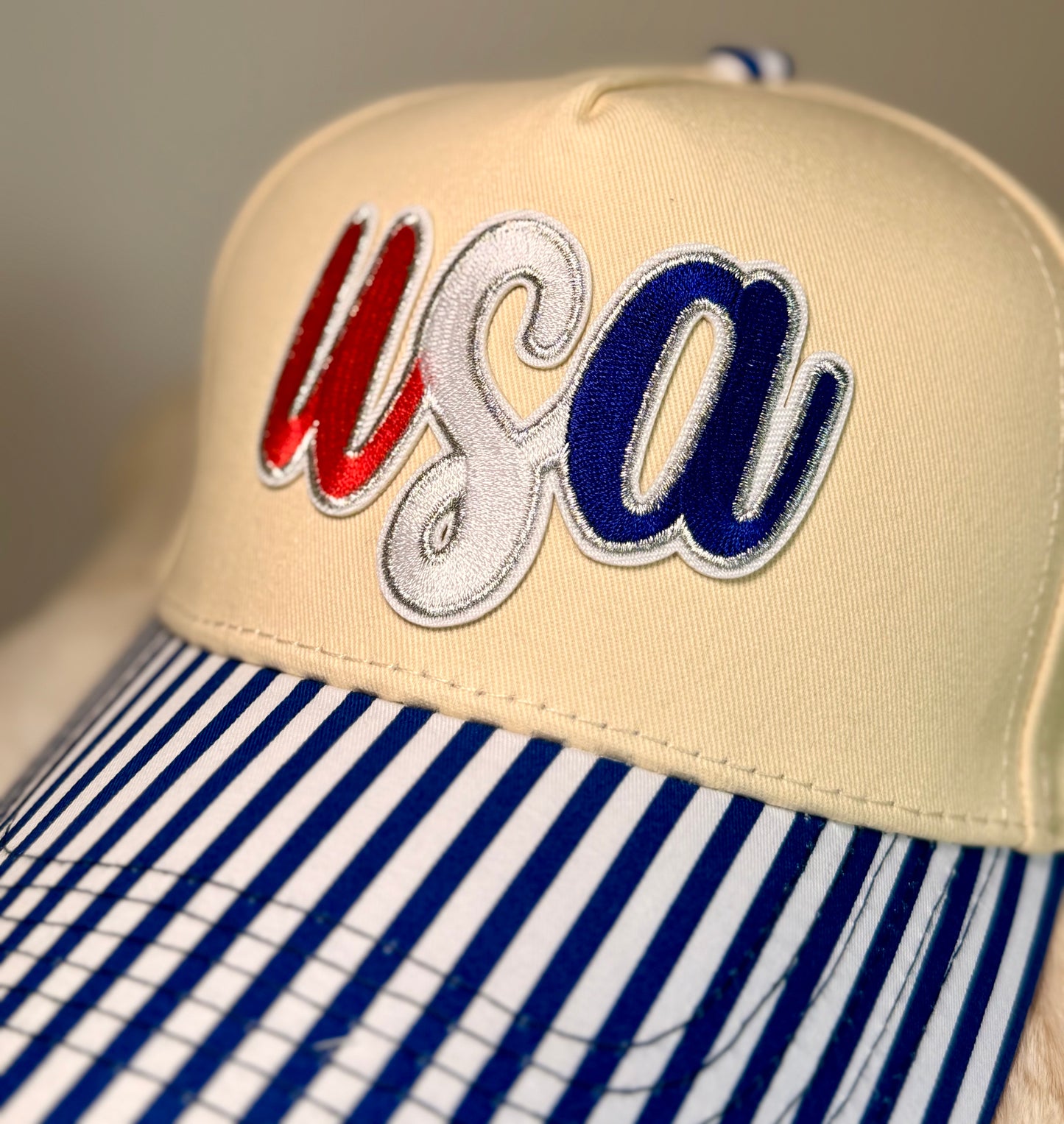 USA Trucker Hat | Patriotic Red White Blue Boutique Hat | American Stripe Brim | Fourth of July Hat