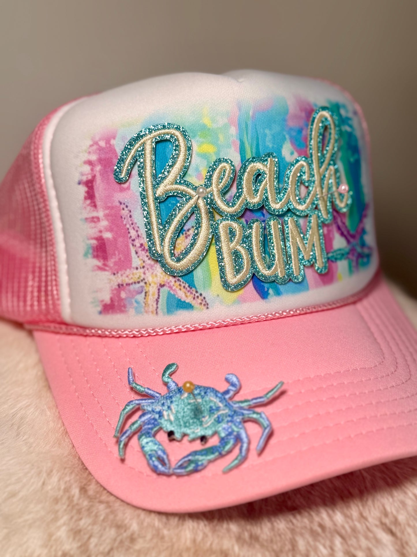 Beach Bum Trucker Hat | Coastal Beach Hat | Pink Summer Boutique Hat with Crab Accent
