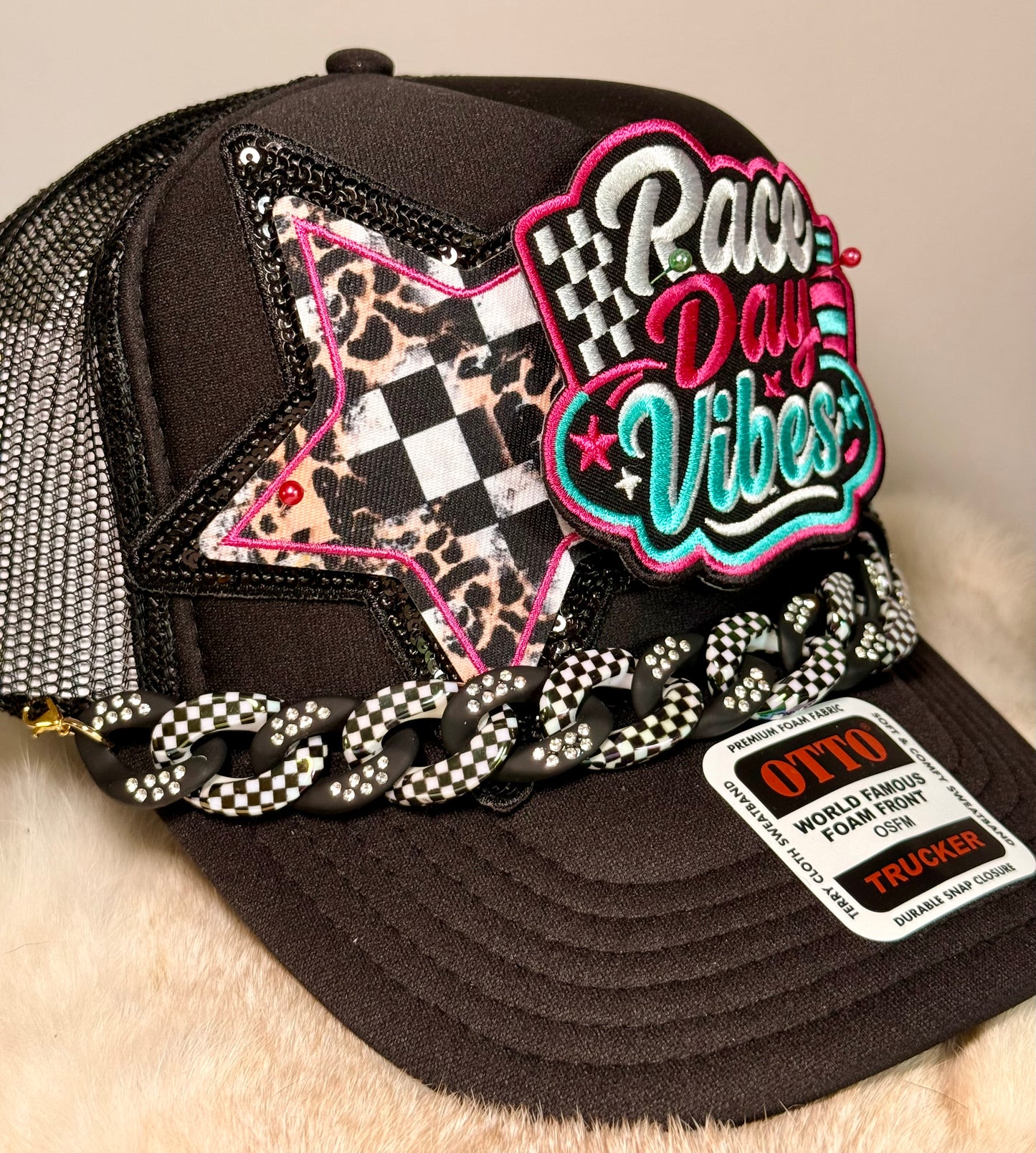 Race Day Vibes Trucker Hat | Checkered Flag Racing Hat | Glam Foam Race Day Cap