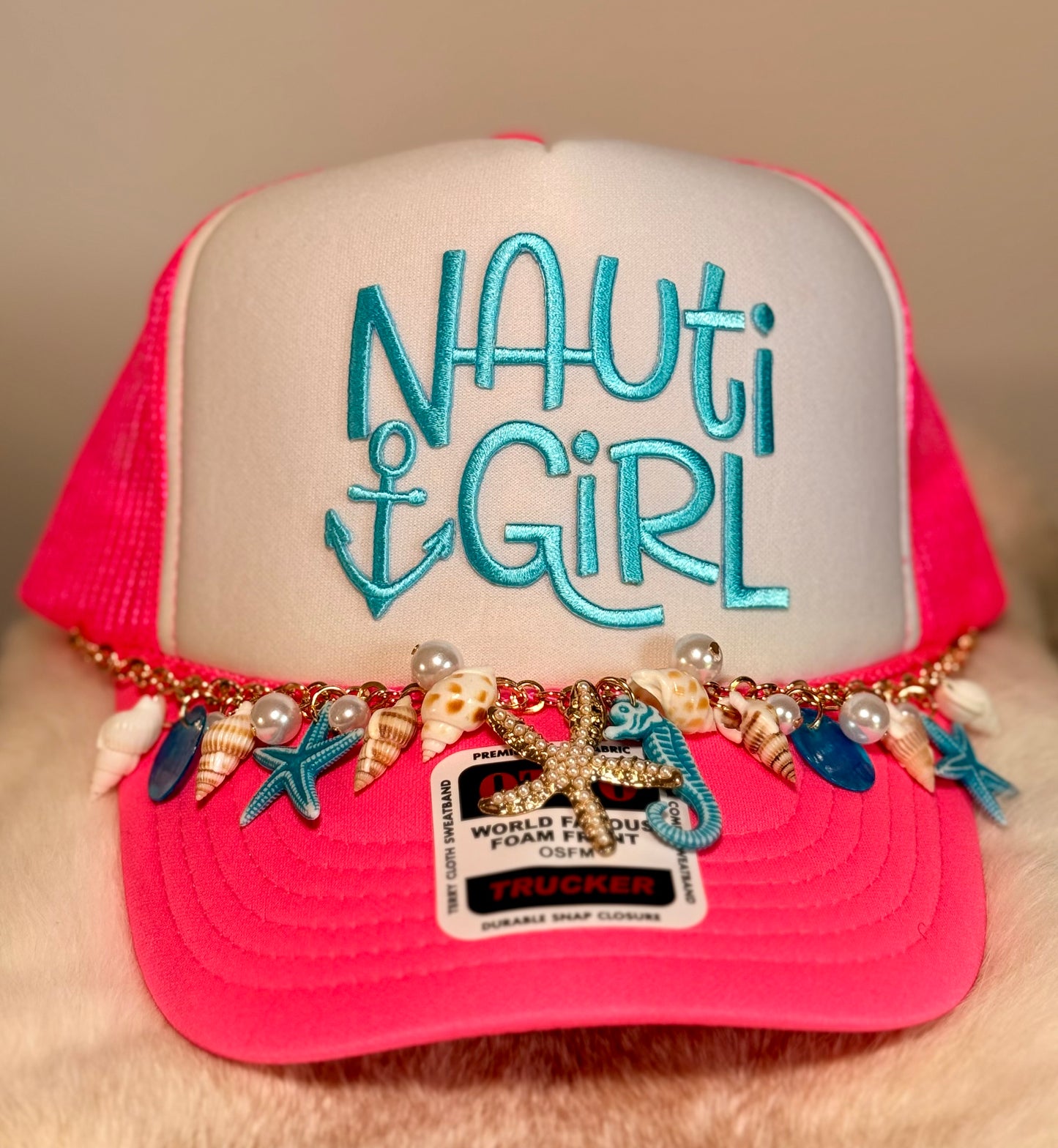 Nauti Girl Coastal Trucker Hat | Pink Beach Hat with Shell Charm Chain | Summer Glam Foam Trucker Cap