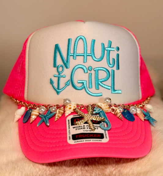 Nauti Girl Coastal Trucker Hat | Pink Beach Hat with Shell Charm Chain | Summer Glam Foam Trucker Cap