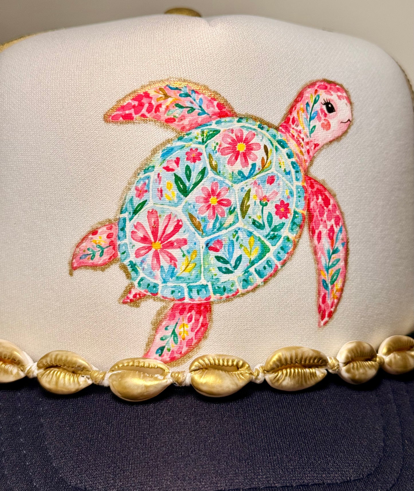 Gold Painted Coastal Sea Turtle Trucker Hat | Floral Turtle Beach Hat | Boutique Shell Trim Snapback