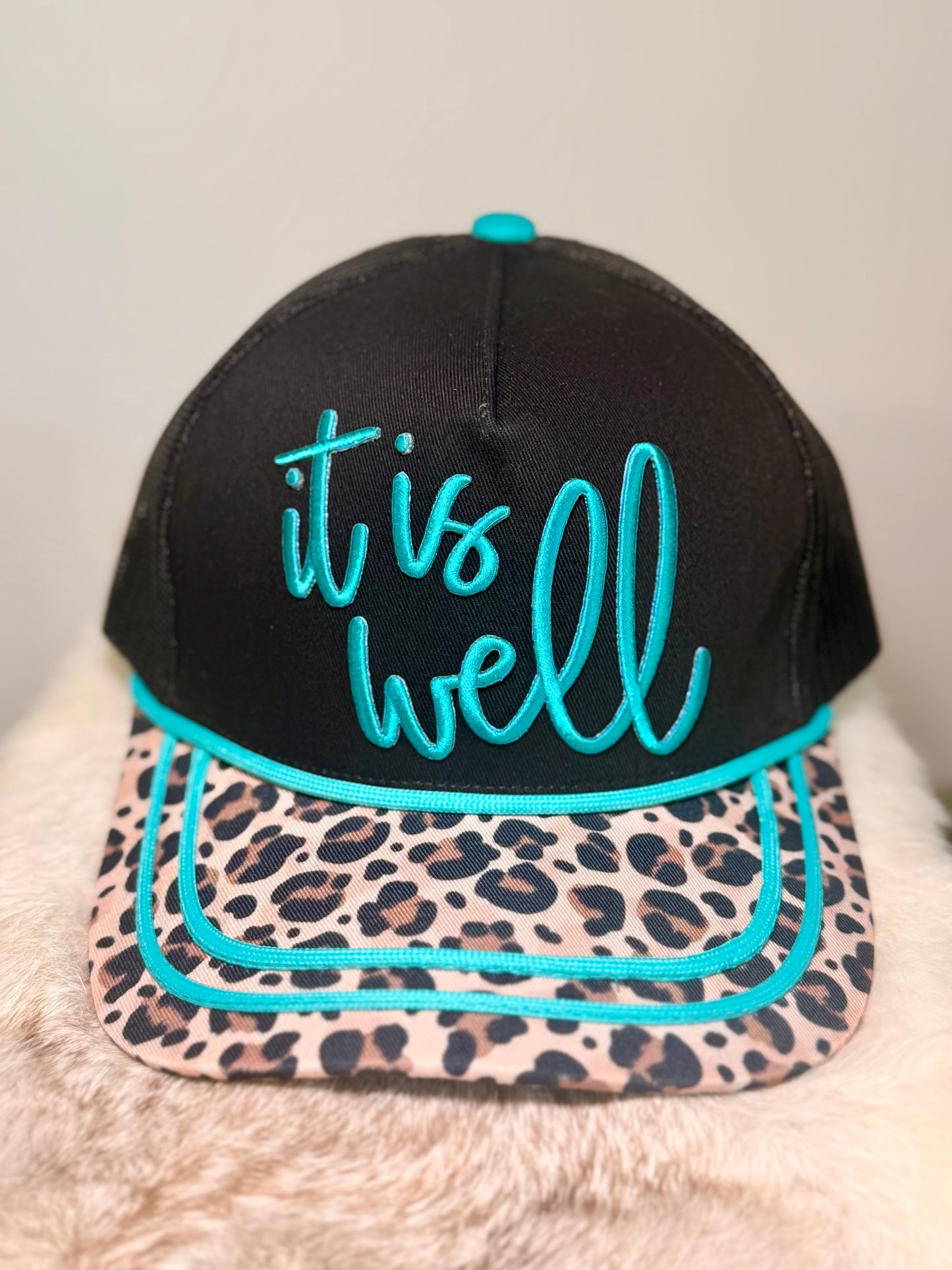 It Is Well Trucker Hat | Leopard Print Christian Hat | Faith-Based Boutique Snapback for Women