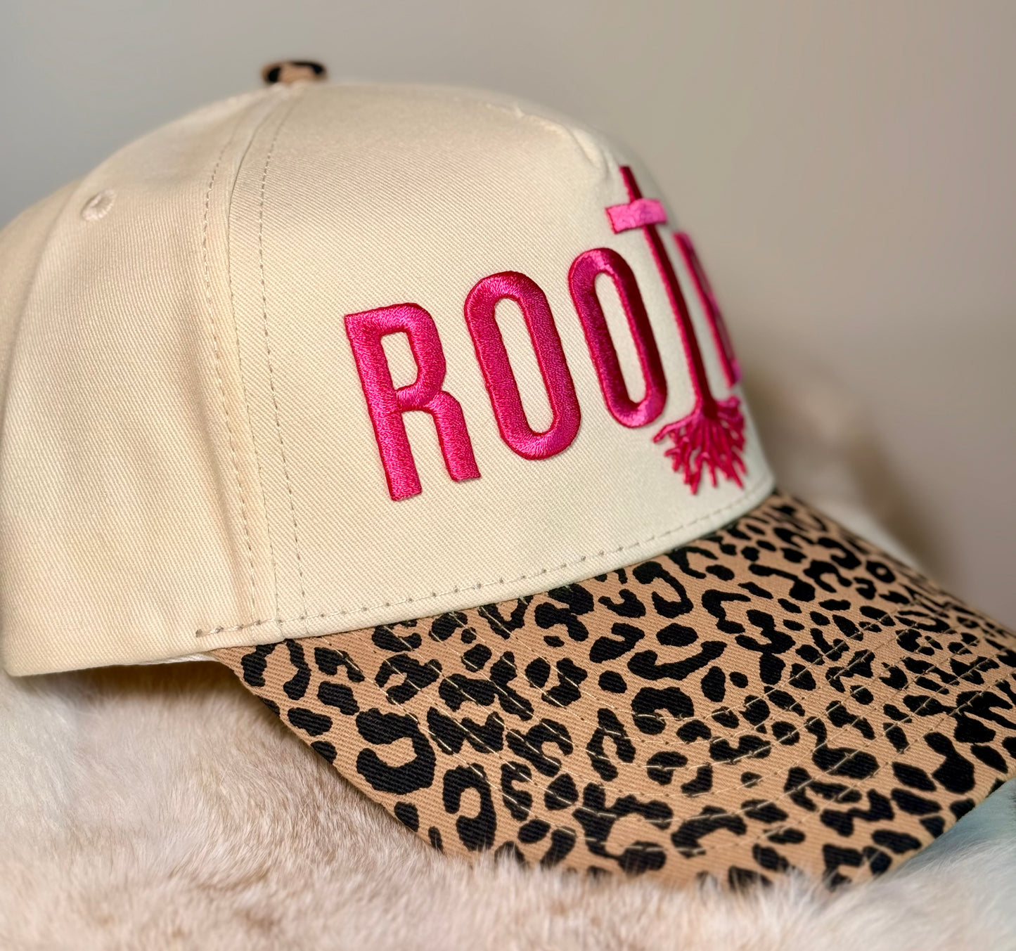 Rooted Leopard Trucker Hat | Faith Based Christian Hat | Pink Embroidered Boutique Snapback