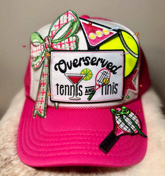 Overserved Tennis & Tinis Trucker Hat | Pink Preppy Tennis Hat | Tennis Inspired Glam Cap