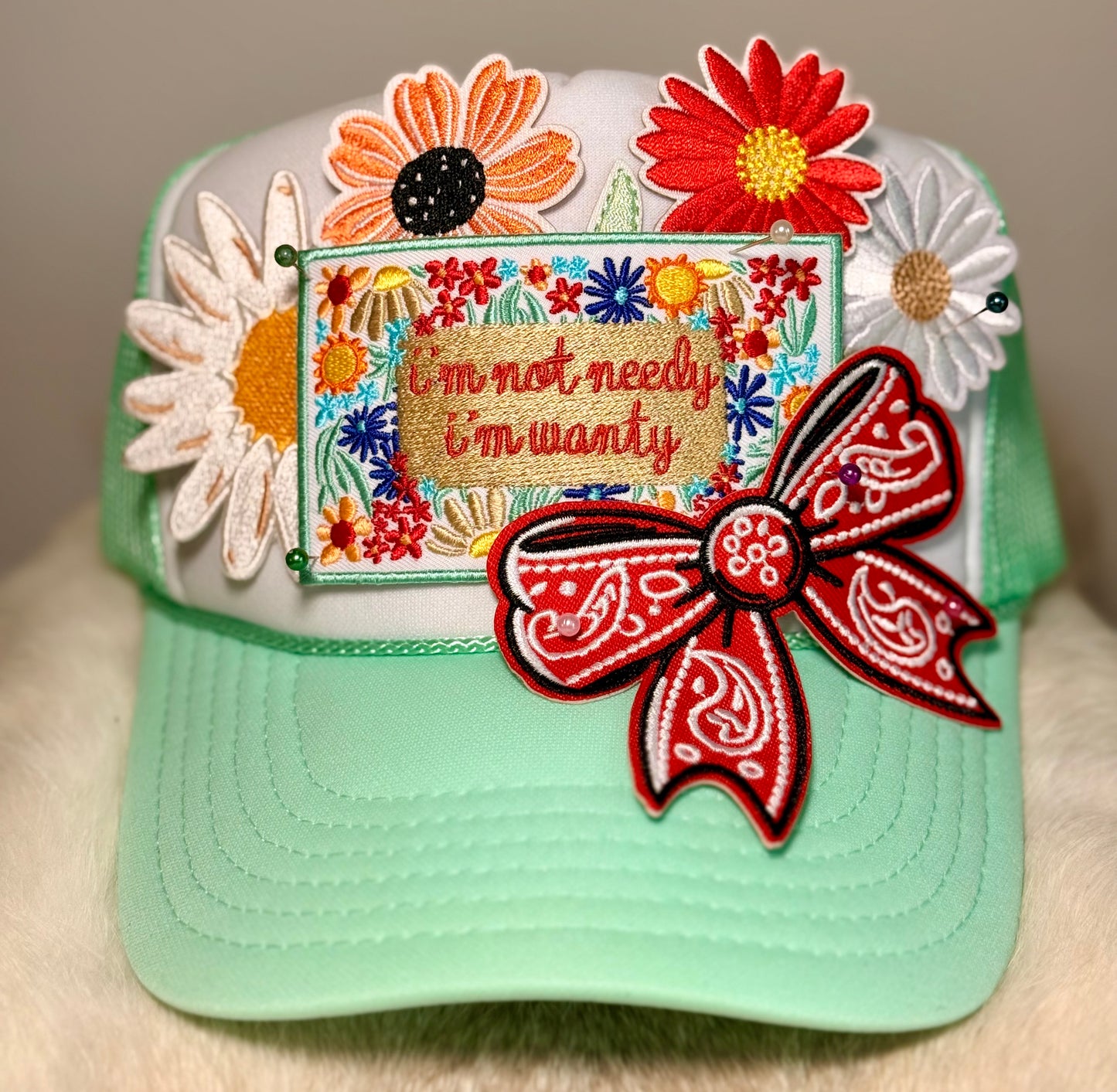 I’m Not Needy I’m Wanty Trucker Hat | Floral Cowgirl Hat with Red Bandana Bow | Funny Boutique Hat