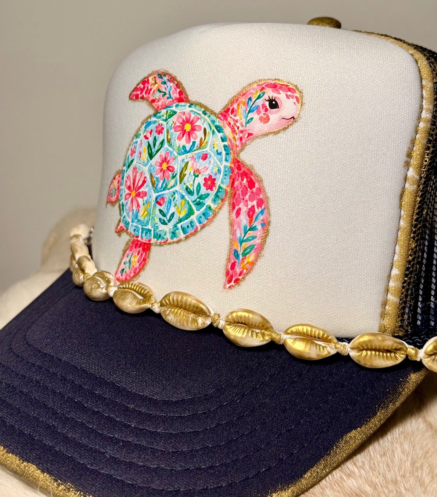 Gold Painted Coastal Sea Turtle Trucker Hat | Floral Turtle Beach Hat | Boutique Shell Trim Snapback