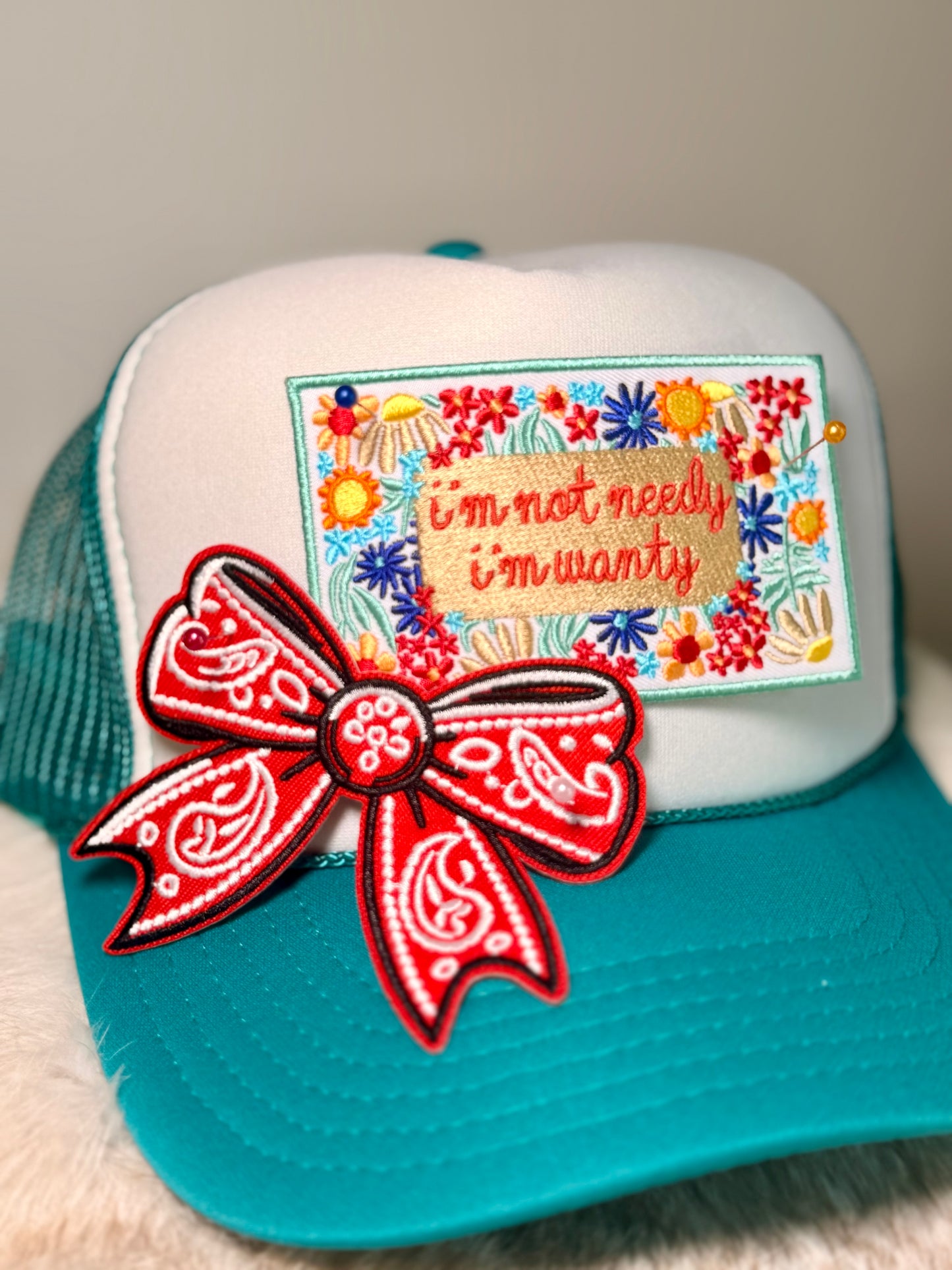 I’m Not Needy I’m Wanty Trucker Hat | Teal Floral Trucker Hat with Red Bandana Bow | Funny Boutique Hat
