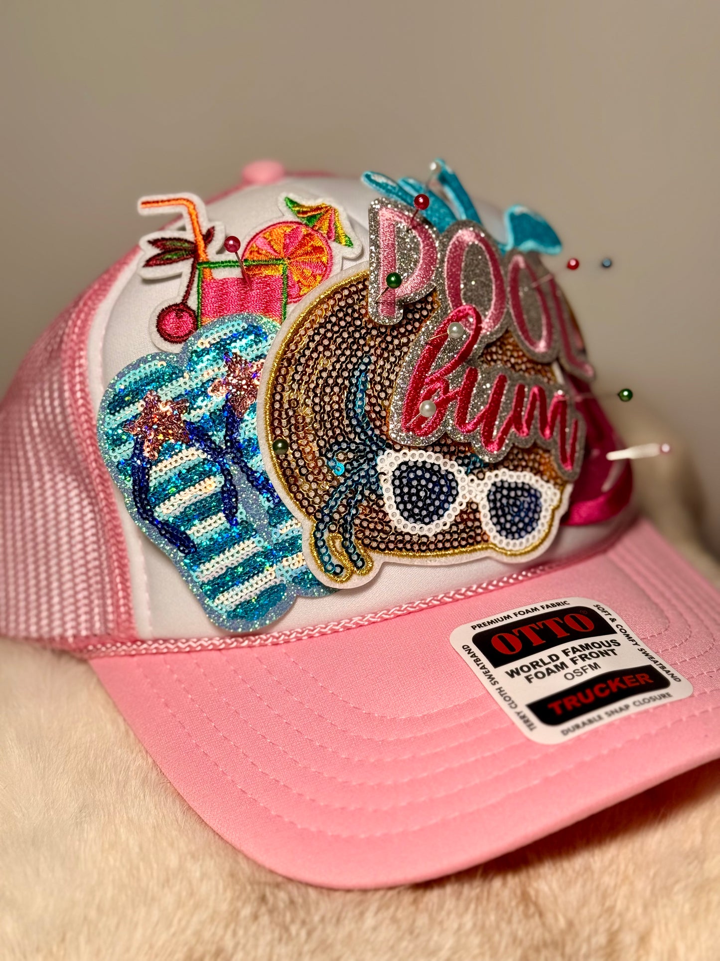 Pool Bum Glam Trucker Hat | Pink Flamingo Poolside Hat | Sparkly Summer Vacation Snapback