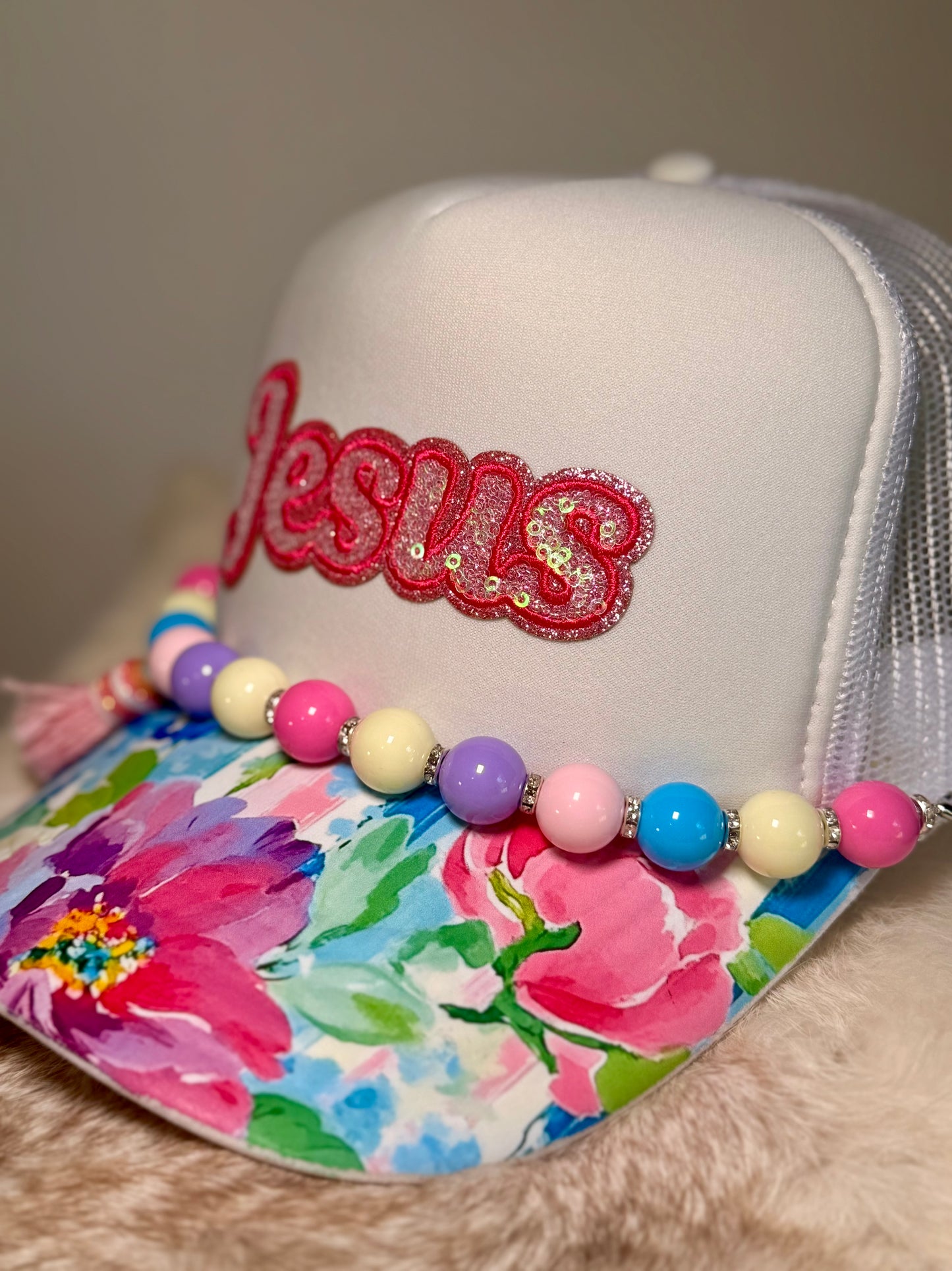 Jesus Floral Trucker Hat | Christian Boutique Hat | Pink Sequin Faith Hat with Beaded Tassel
