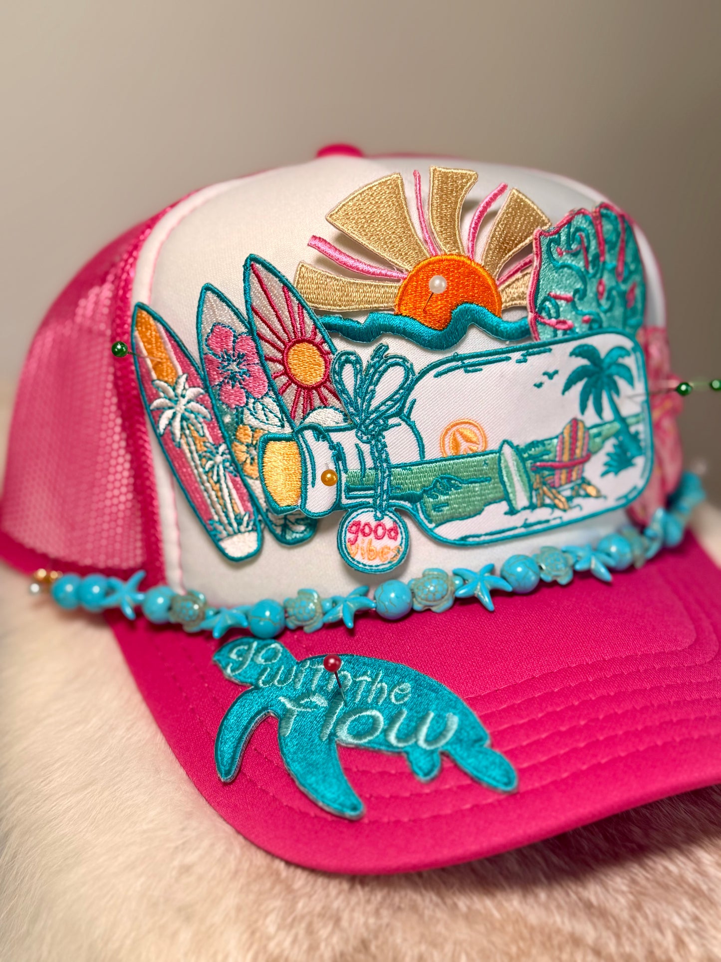 Beach Life Trucker Hat | Tropical Vacation Hat | Handmade Coastal Boutique Hat with Turquoise Beaded Trim