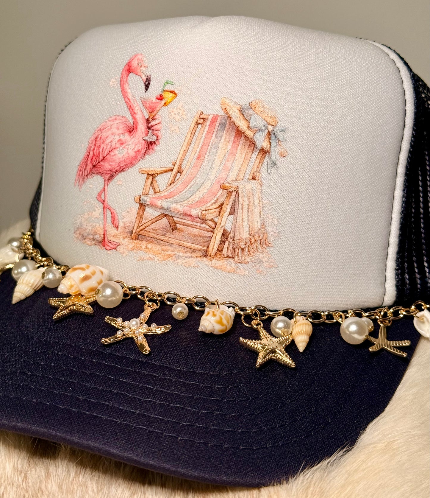 Custom Coastal Flamingo Trucker Hat | Boutique Beach Chair Hat with Shell Charm Chain | One-of-a-Kind Summer Snapback