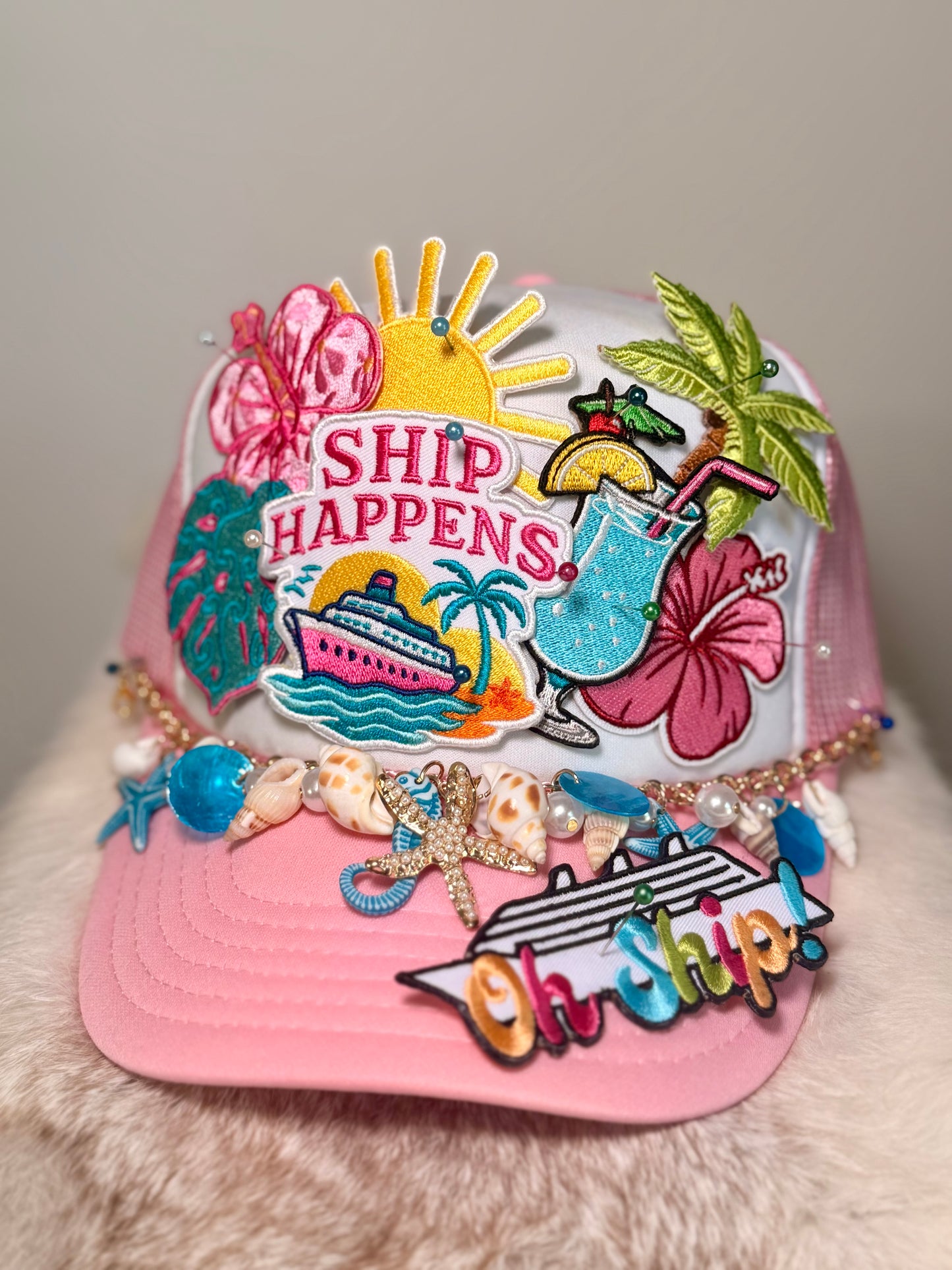 Oh Ship Cruise Trucker Hat | Cruise Vacation Hat | Tropical Beach Hat with Seashell Beaded Trim