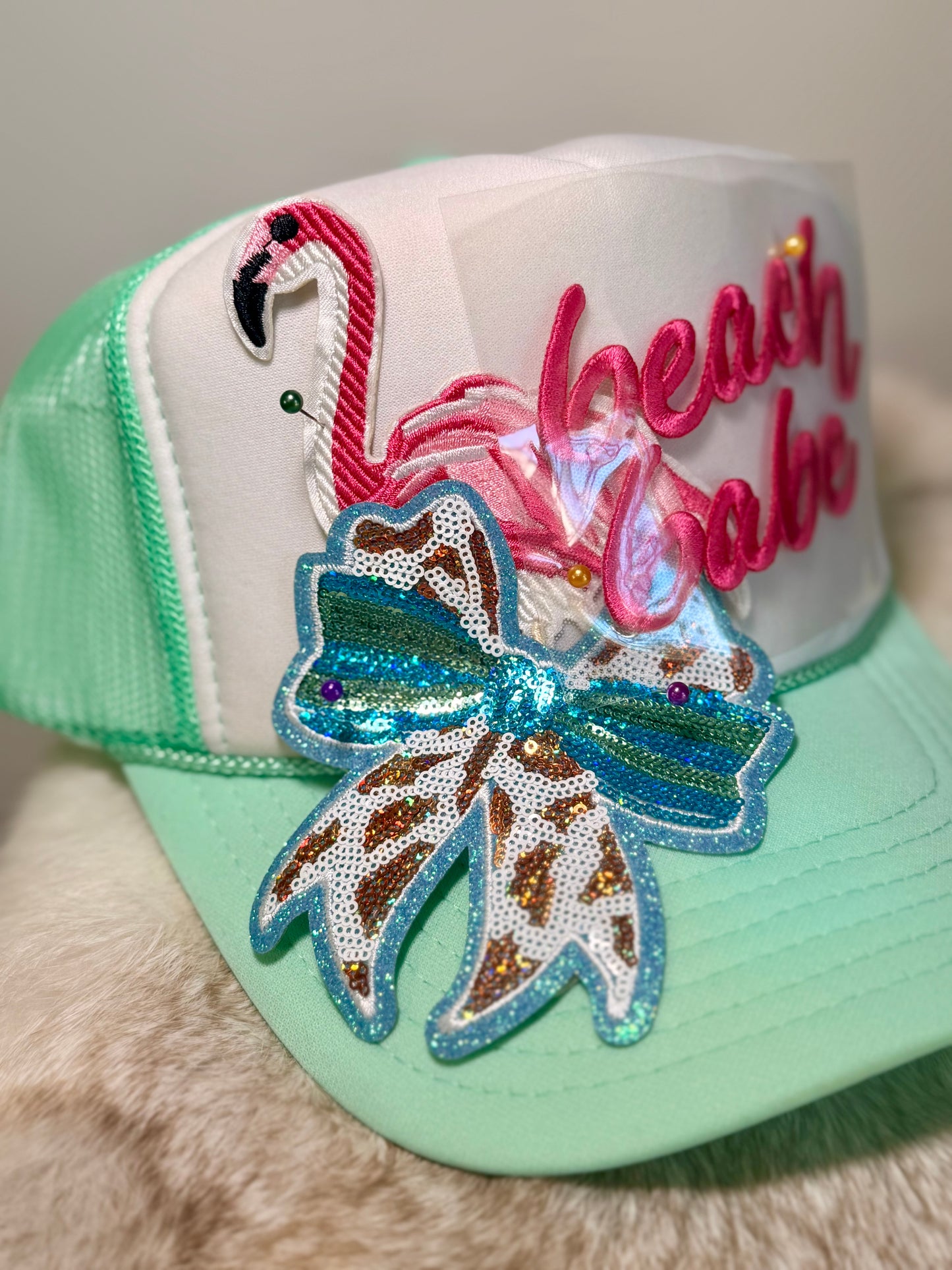 Beach Babe Trucker Hat | Tropical Flamingo Beach Hat | Mint Coastal Boutique Hat