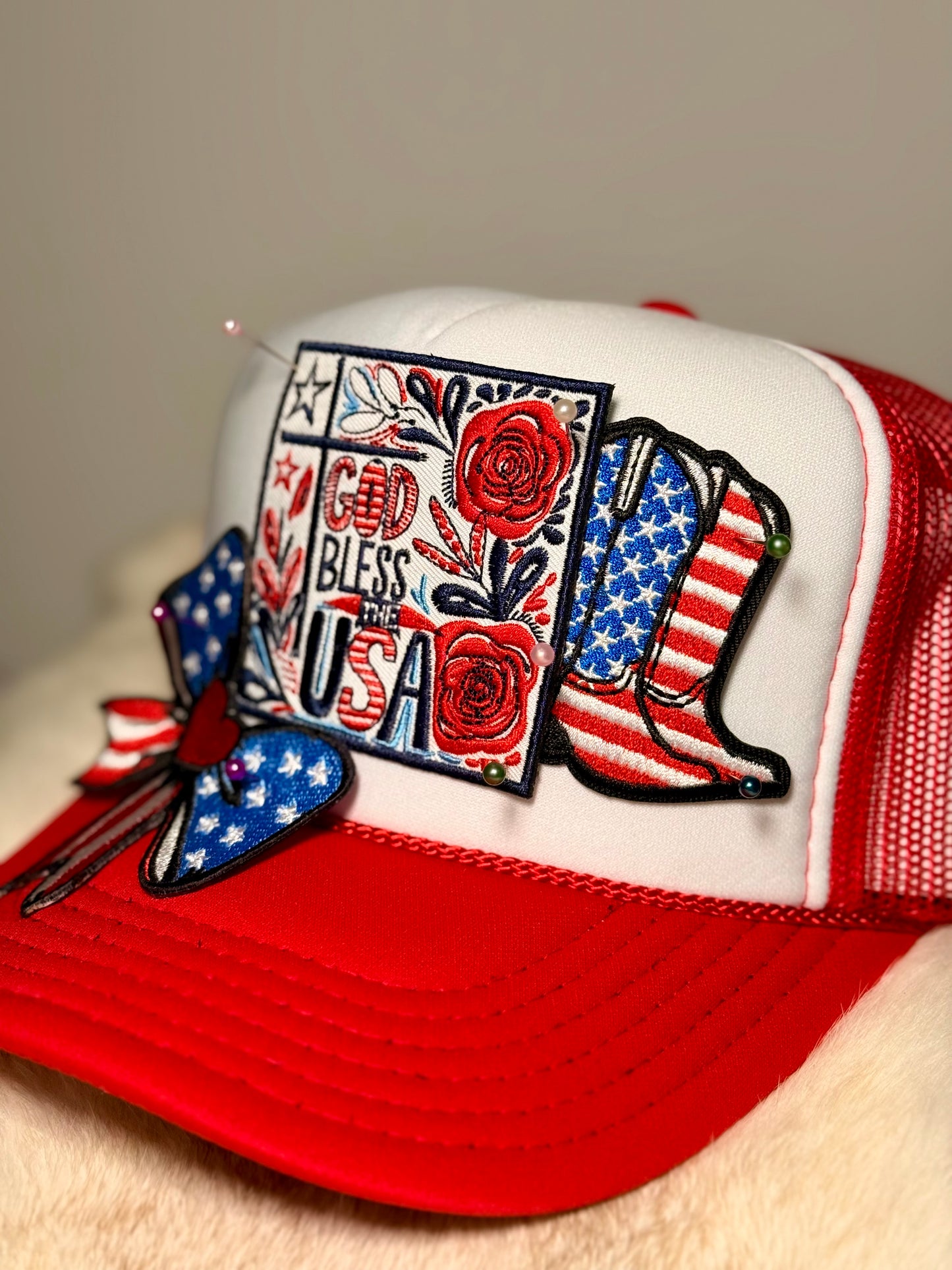 God Bless the USA Trucker Hat | Patriotic Faith Hat | Red White Blue Western Snapback