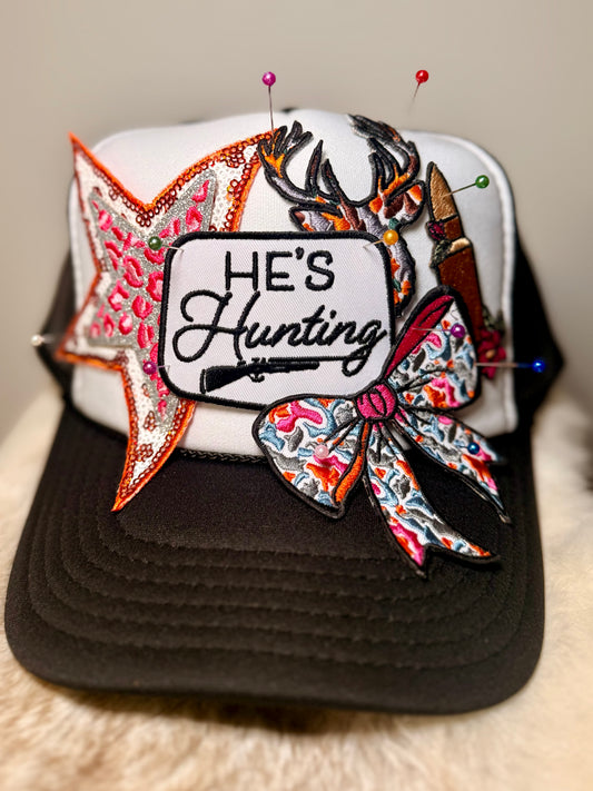 He’s Hunting Trucker Hat | Hunting Wife Hat | Deer Hunting Hat | Camo Bow Trucker Hat | Hunter’s Girlfriend Gift