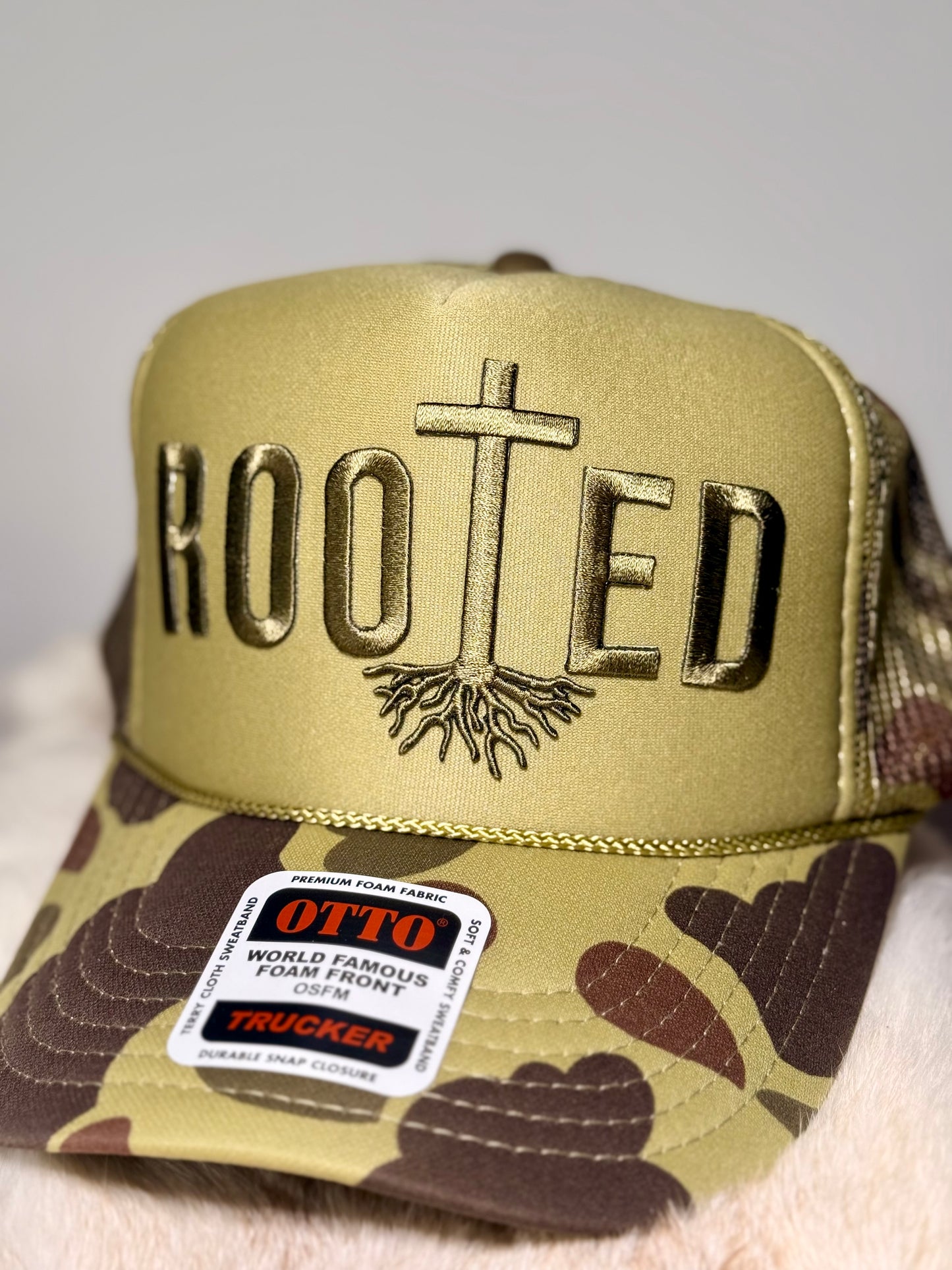 Rooted Trucker Hat – Faith Based Hat, Christian Hat, Camo Brim Hat, Religious Trucker Hat