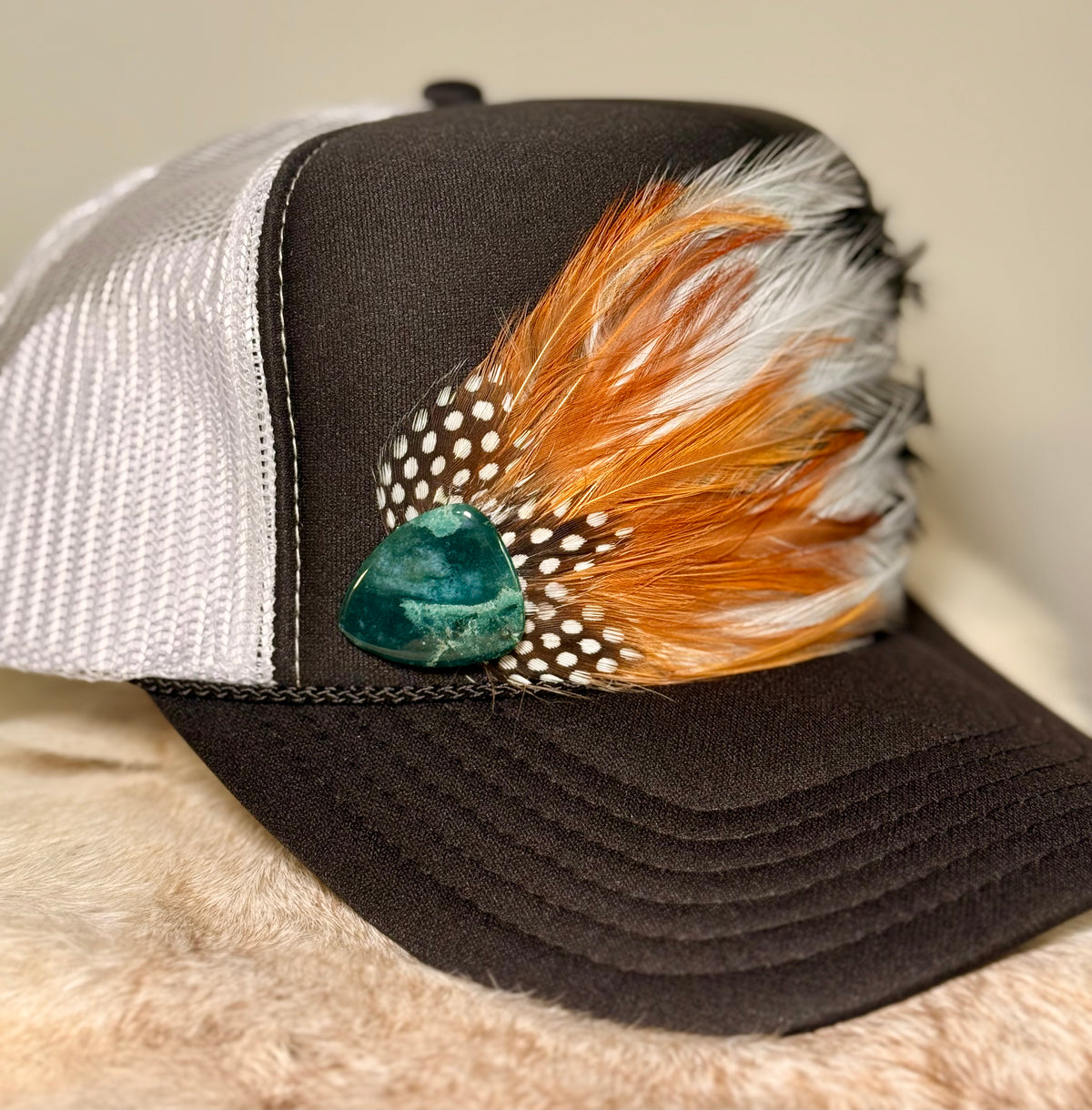 Feather Trucker Hat with Guitar Pick | Country Music Trucker Hat | Western Boho Hat | Concert Trucker Hat