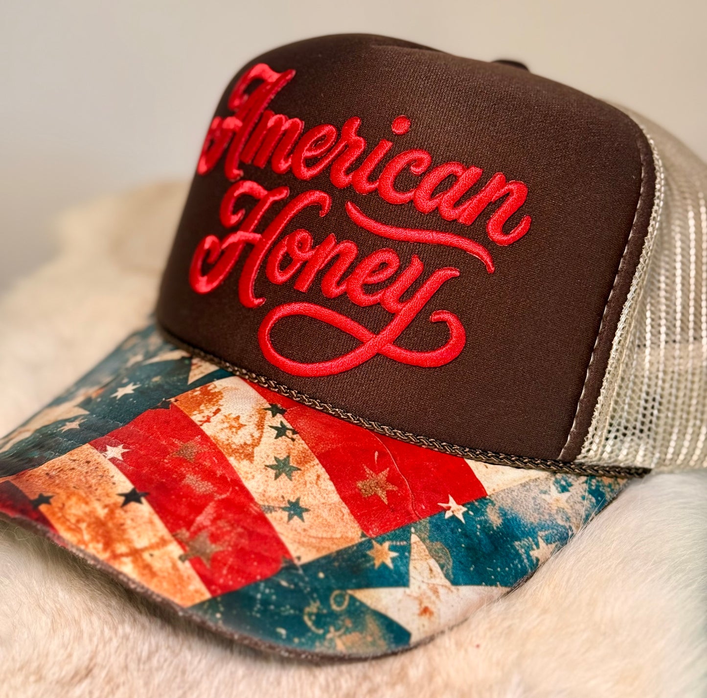 American Honey Patriotic Trucker Hat | USA Flag Brim Country Hat | Western American Snapback