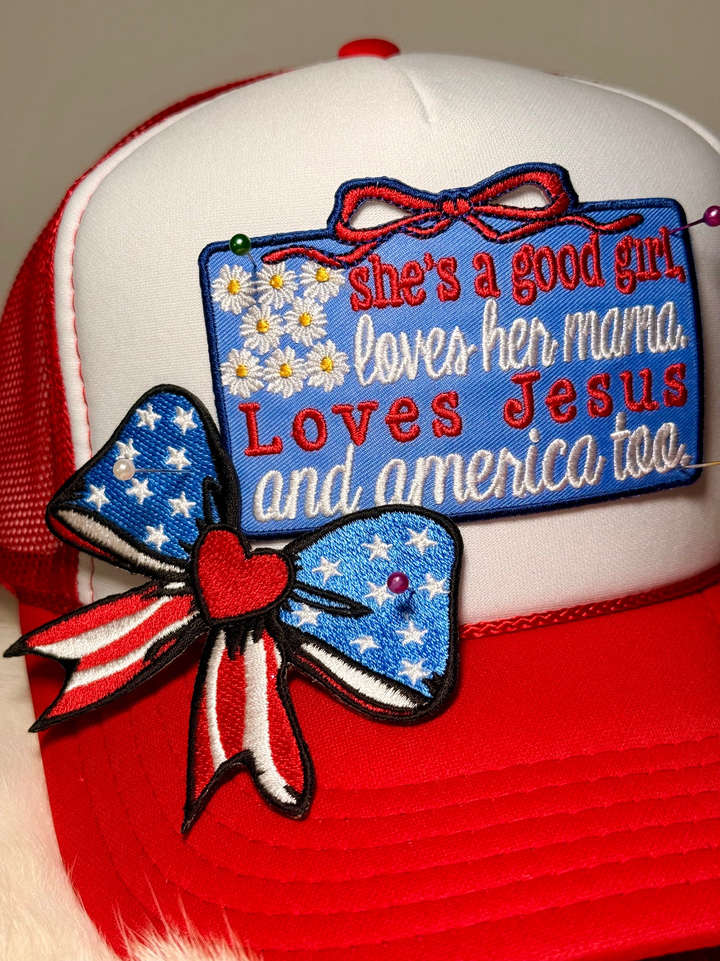 Loves Jesus & America Too Trucker Hat – Patriotic Christian Hat, Country Girl Hat, 4th of July Hat