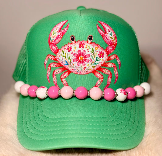 Floral Crab Trucker Hat | Coastal Boutique Beach Hat with Pink Beaded Brim | Cute Summer Coastal Snapback