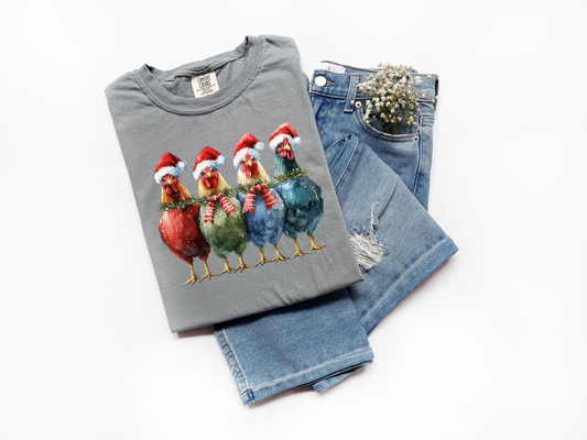 Four Festive Chickens Christmas Comfort Colors Tee
