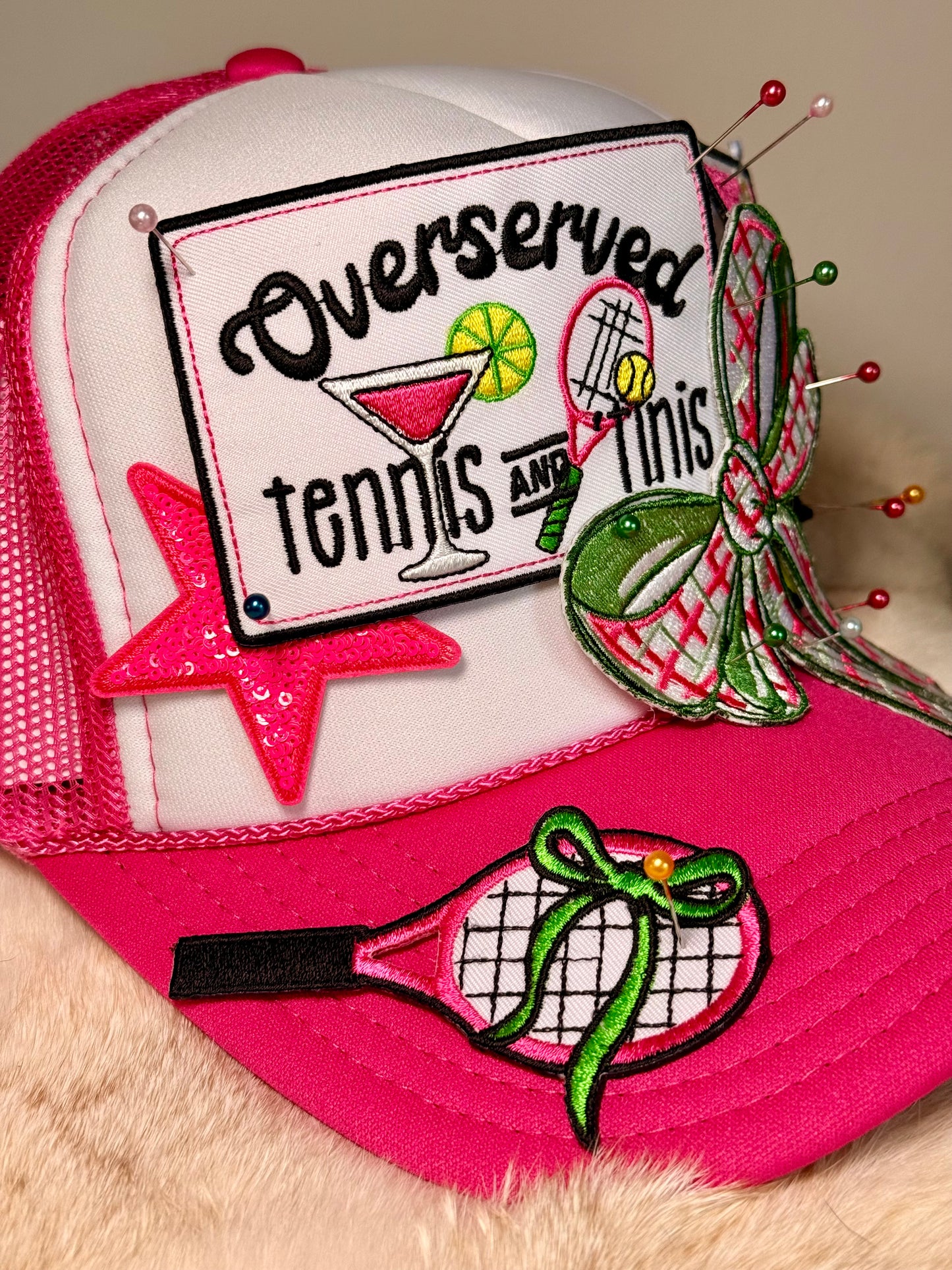 Overserved Tennis & Tinis Trucker Hat | Pink Preppy Tennis Hat | Tennis Inspired Glam Cap