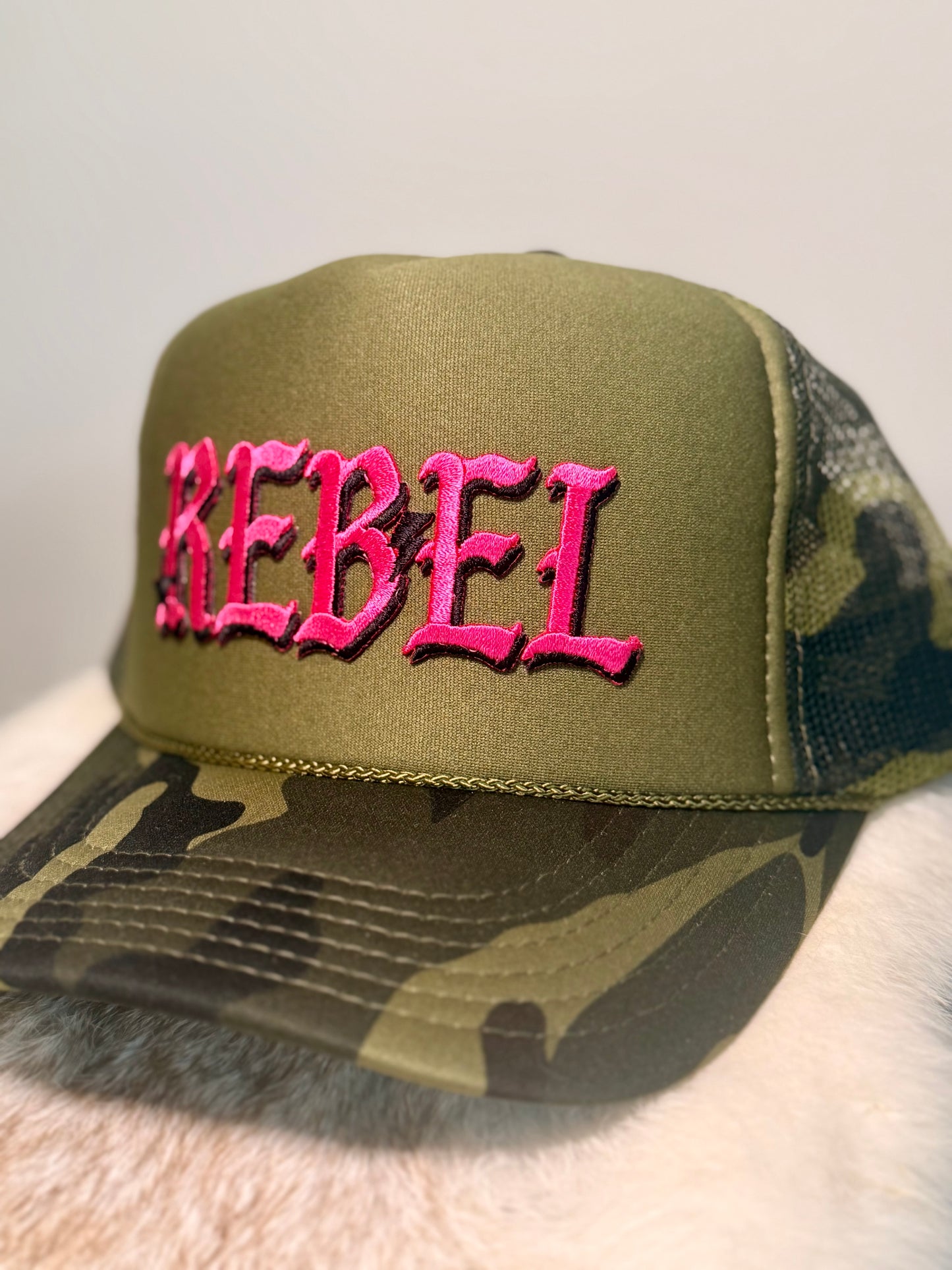 Rebel Camo Trucker Hat | Pink Embroidered Rebel Hat | Trendy Western Boutique Snapback