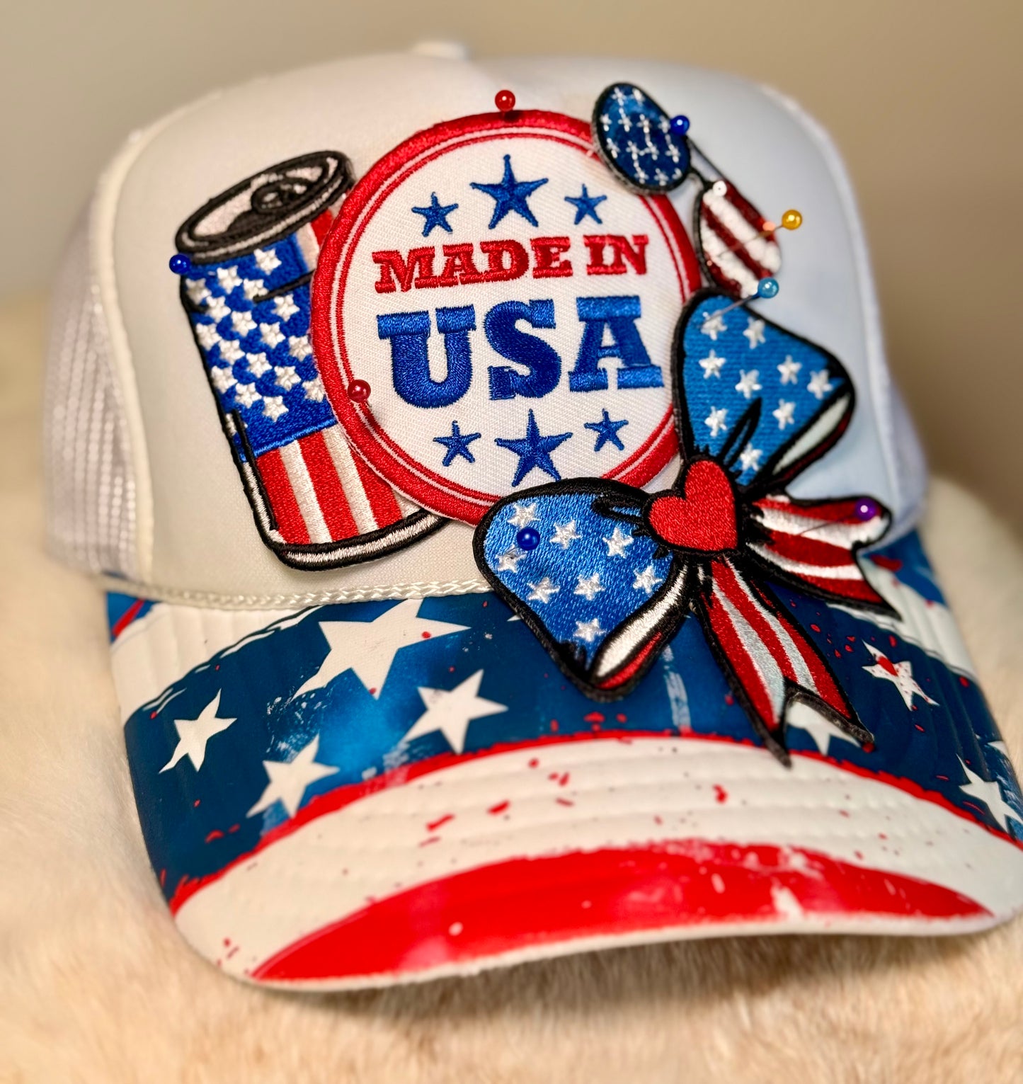 Made in USA Patriotic Trucker Hat | Americana Bow Hat | Fourth of July Boutique Cap