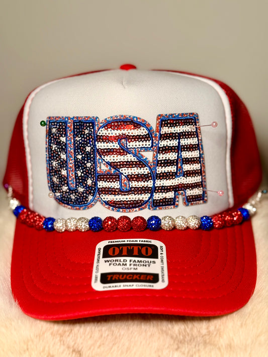 USA Sequin Trucker Hat | Patriotic Sparkle Hat | Red White Blue Glam Snapback