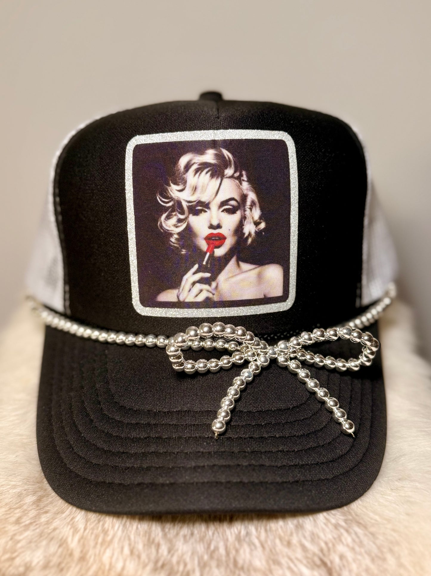 Vintage Glam Trucker Hat | Blonde Bombshell Lipstick Hat | Black & White Glam Hat | Silver Beaded Bow Trucker