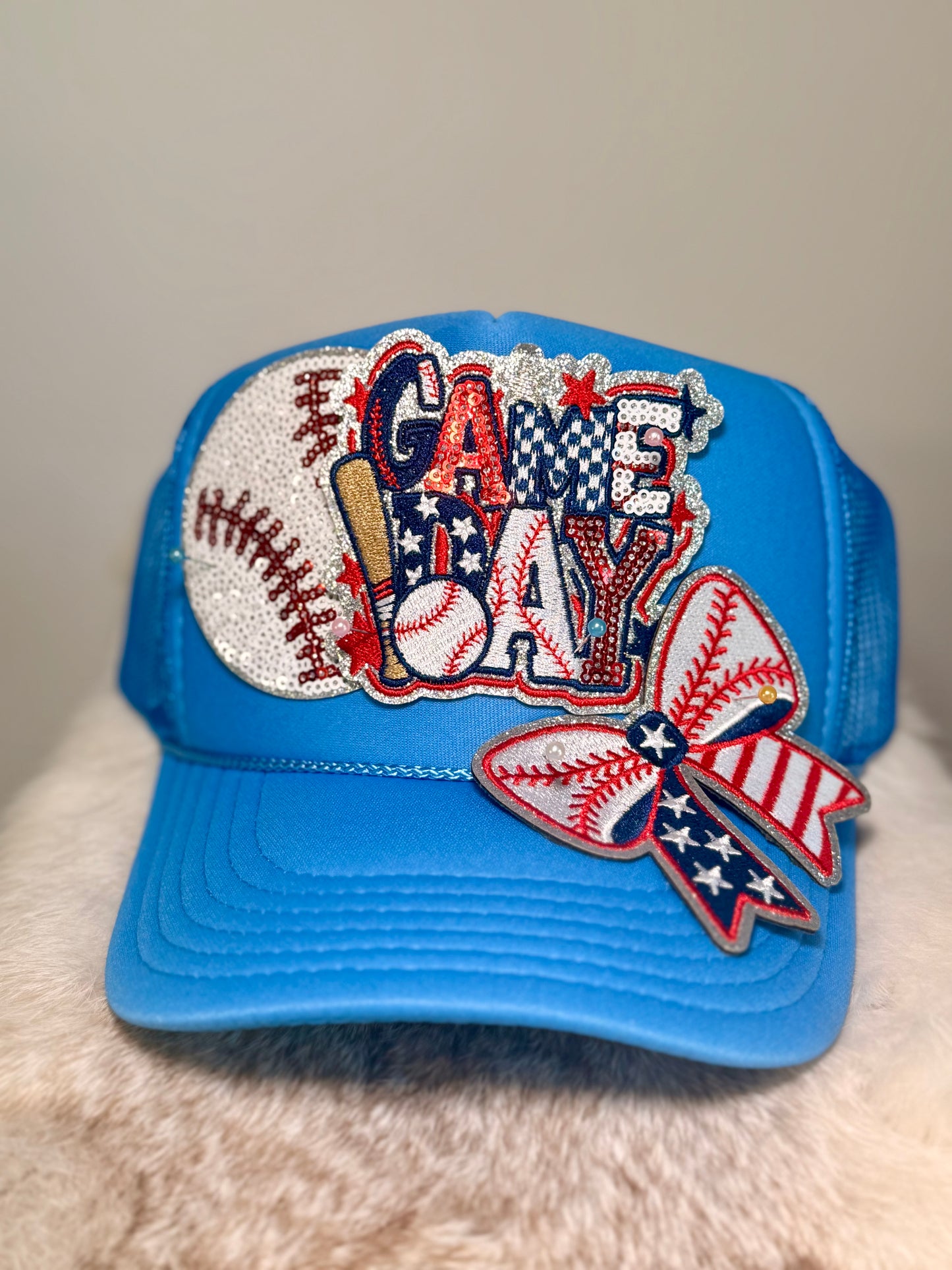 Game Day Baseball Trucker Hat | Patriotic Baseball Bow Hat | Red White Blue Sequin Baseball Hat | Sports Mom Hat