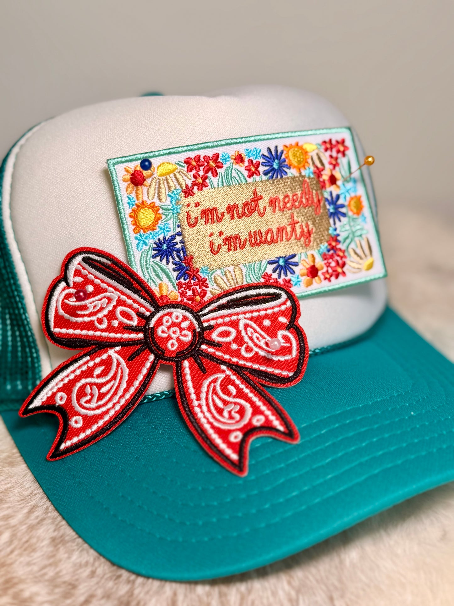 I’m Not Needy I’m Wanty Trucker Hat | Teal Floral Trucker Hat with Red Bandana Bow | Funny Boutique Hat
