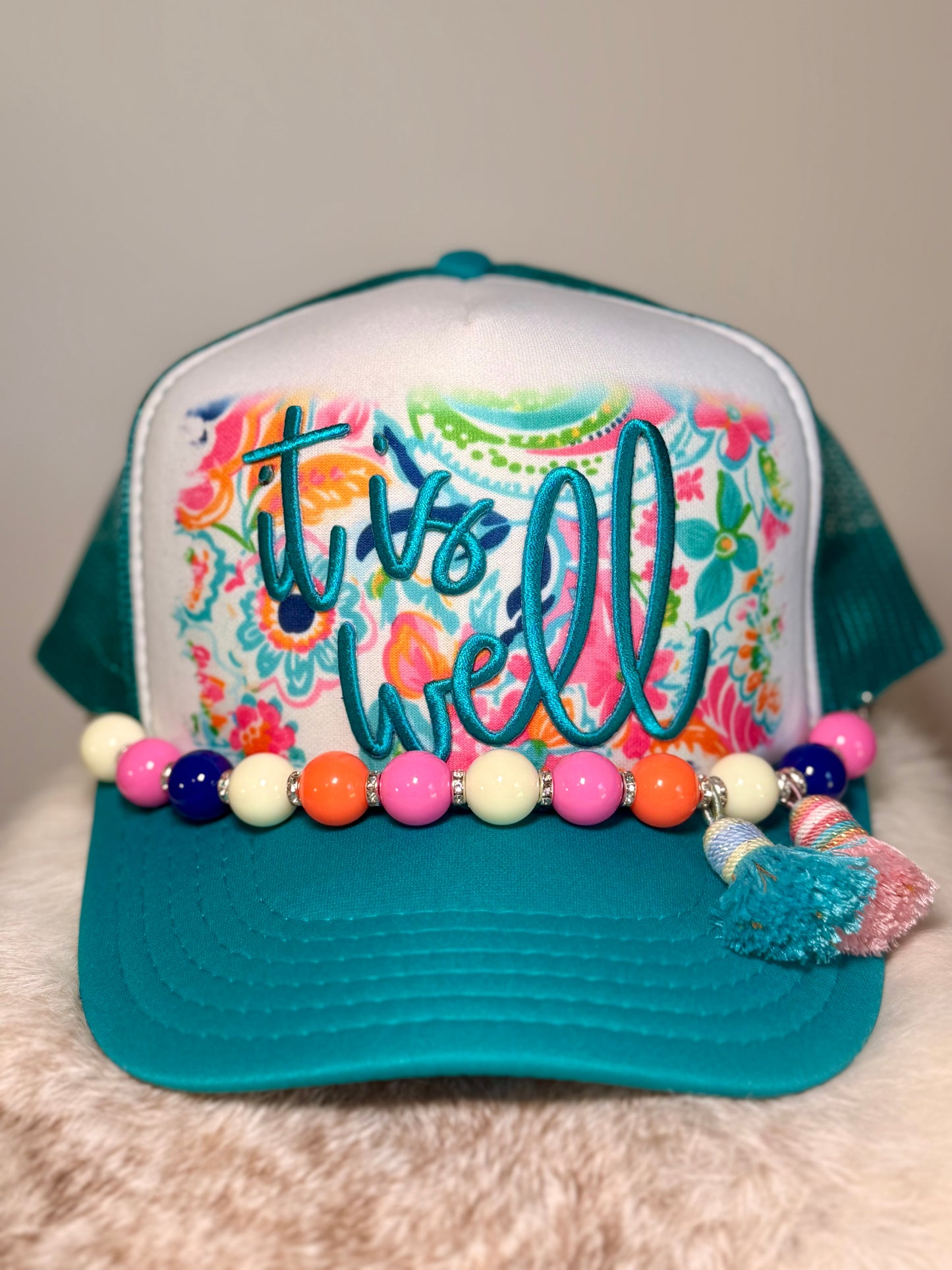 It Is Well Floral Trucker Hat | Christian Boutique Hat | Colorful Faith Hat with Beaded Tassels